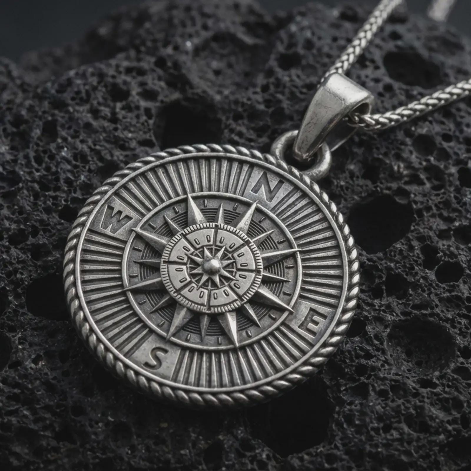 Sterling silver steampunk compass pendant necklace with an oxidized finish resting on textured volcanic rock, captured in a close-up premium studio composition.