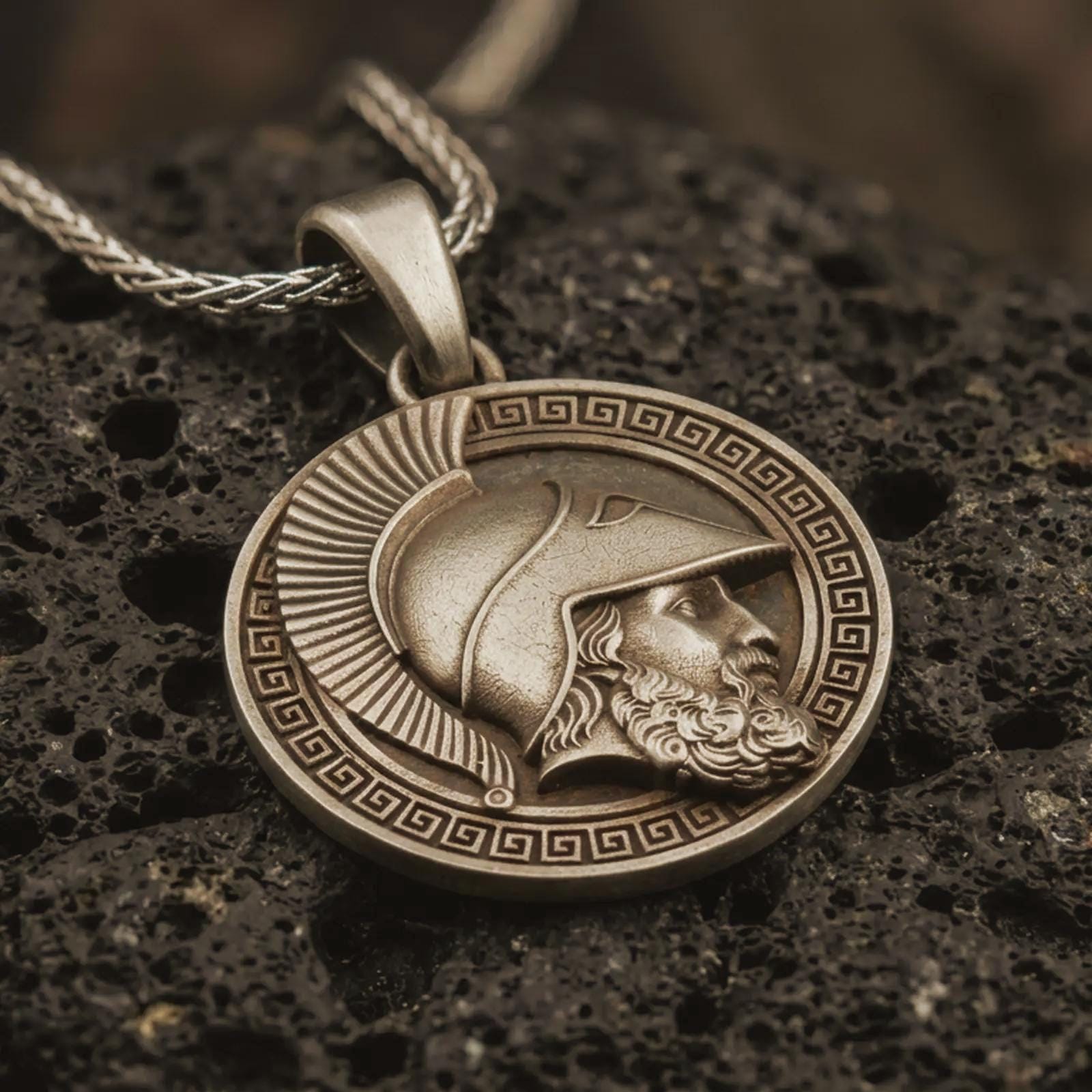 Bronze Spartan helmet pendant necklace with an oxidized finish resting on textured volcanic rock, captured in a close-up premium studio composition.