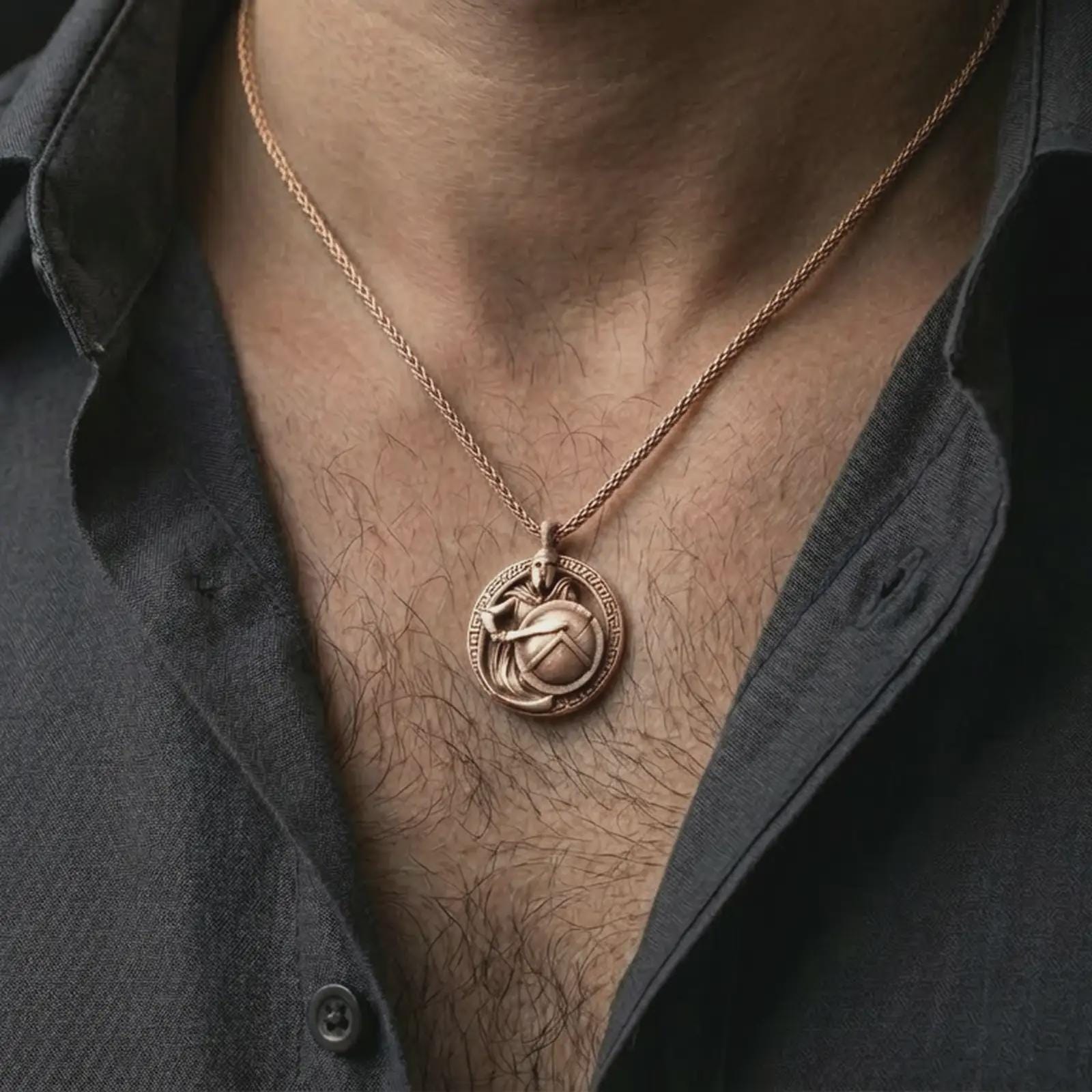Rose gold plated Spartan warrior pendant necklace worn on the neck, presented in a close-up lifestyle shot with a refined warrior aesthetic.