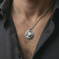 Load image into Gallery viewer, Polished silver Spartan warrior pendant necklace worn on the neck, shown against the chest in a clean and elegant everyday wear composition.
