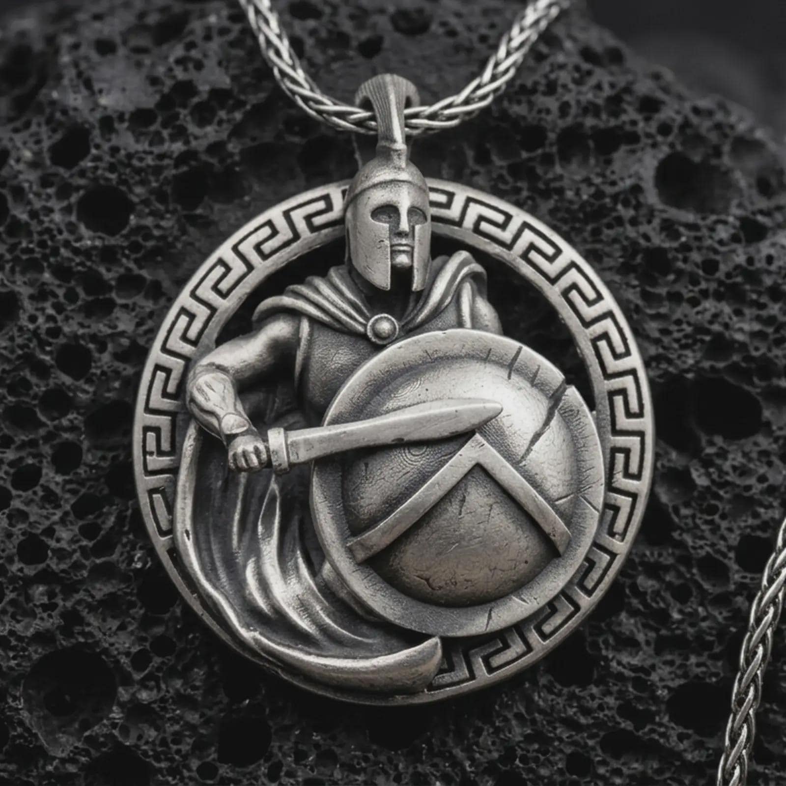 Sterling silver Spartan warrior pendant necklace with an oxidized finish resting on textured volcanic rock, captured in a close-up premium studio composition.
