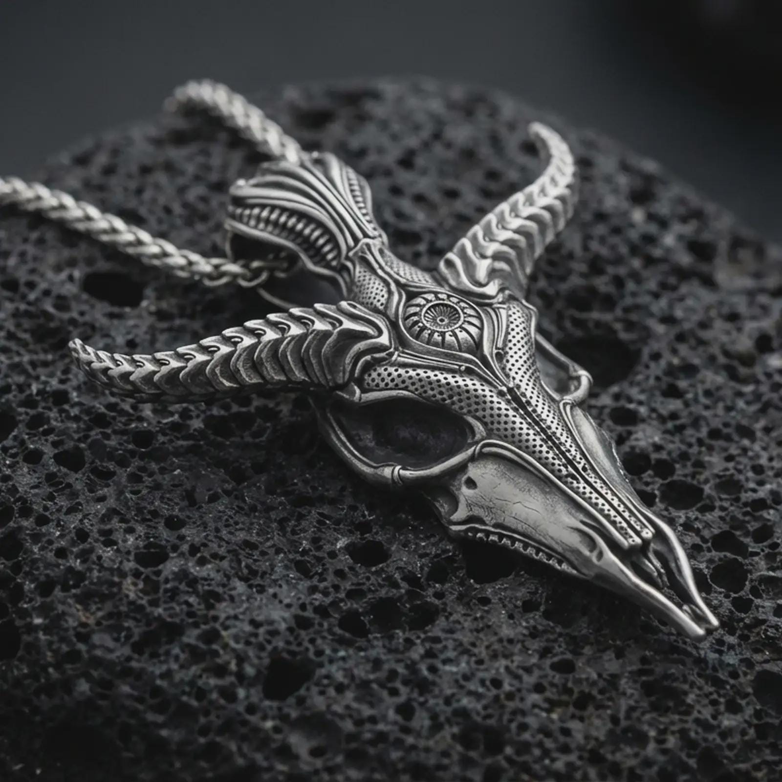 Sterling silver Baphomet skull pendant necklace with an oxidized finish resting on textured volcanic rock, captured in a close-up premium studio composition.