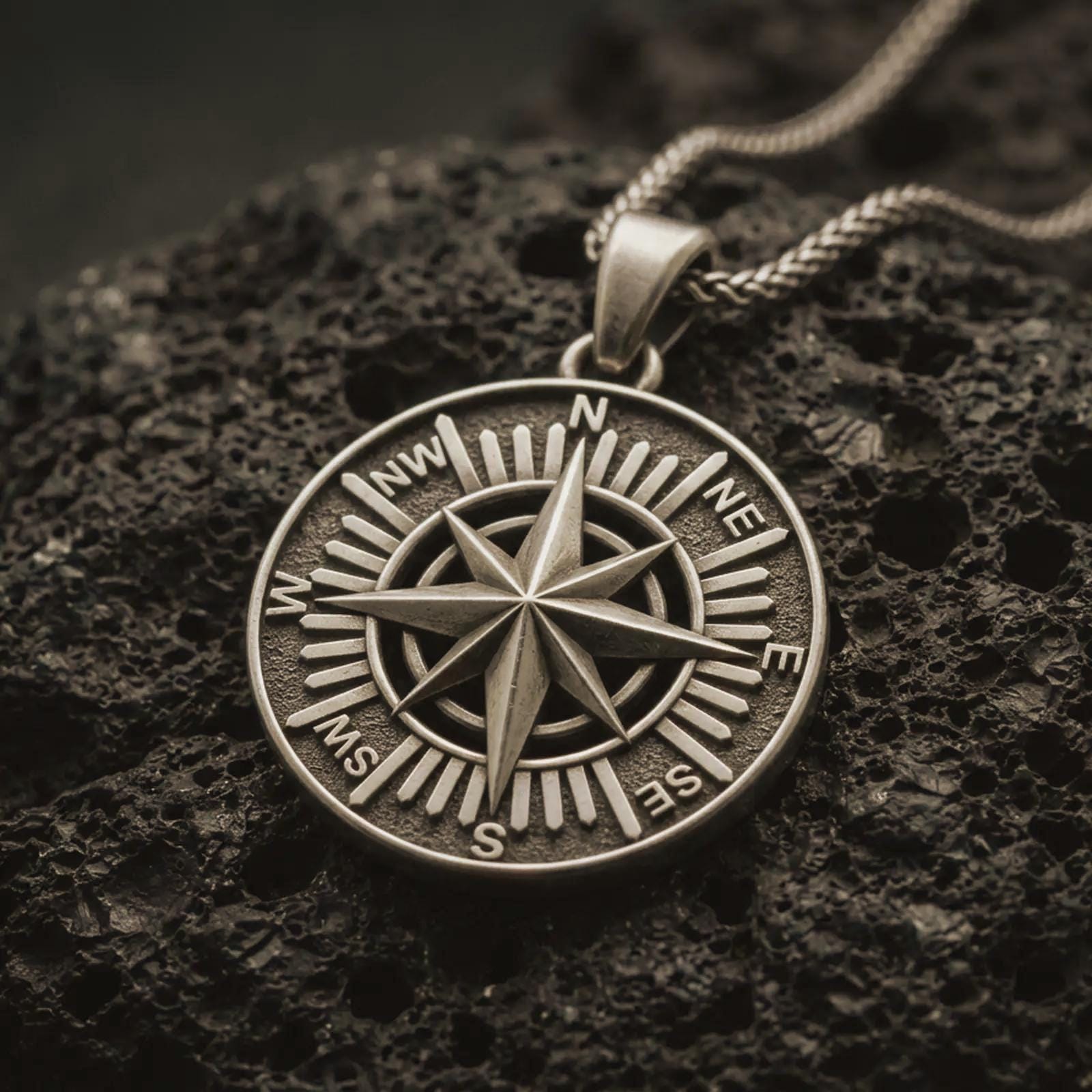 Bronze compass rose pendant necklace with an oxidized finish resting on textured volcanic rock, captured in a close-up premium studio composition.