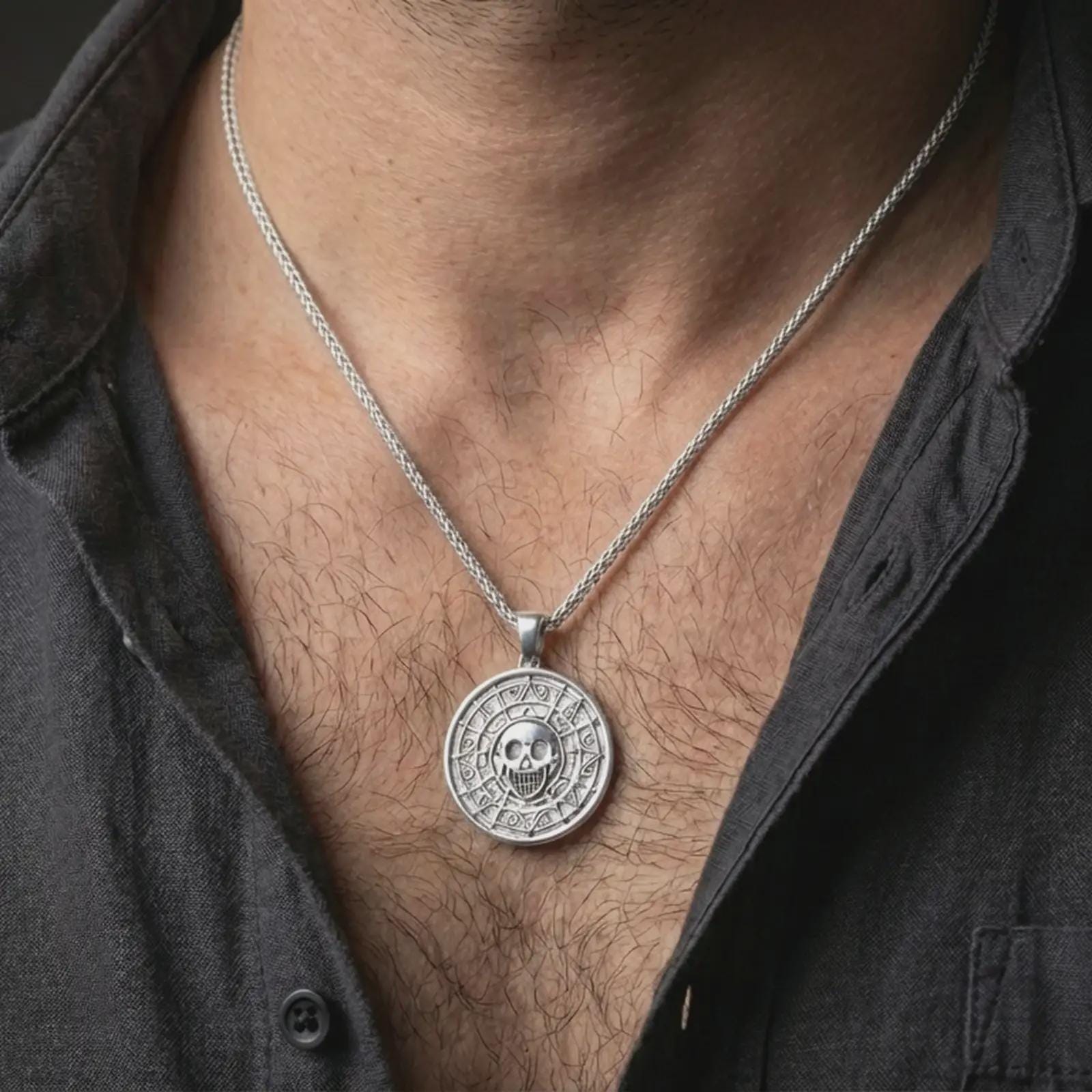 Polished silver cursed Aztec coin pendant necklace worn on the neck, shown against the chest in a clean lifestyle image with the engraved pirate medallion clearly visible.