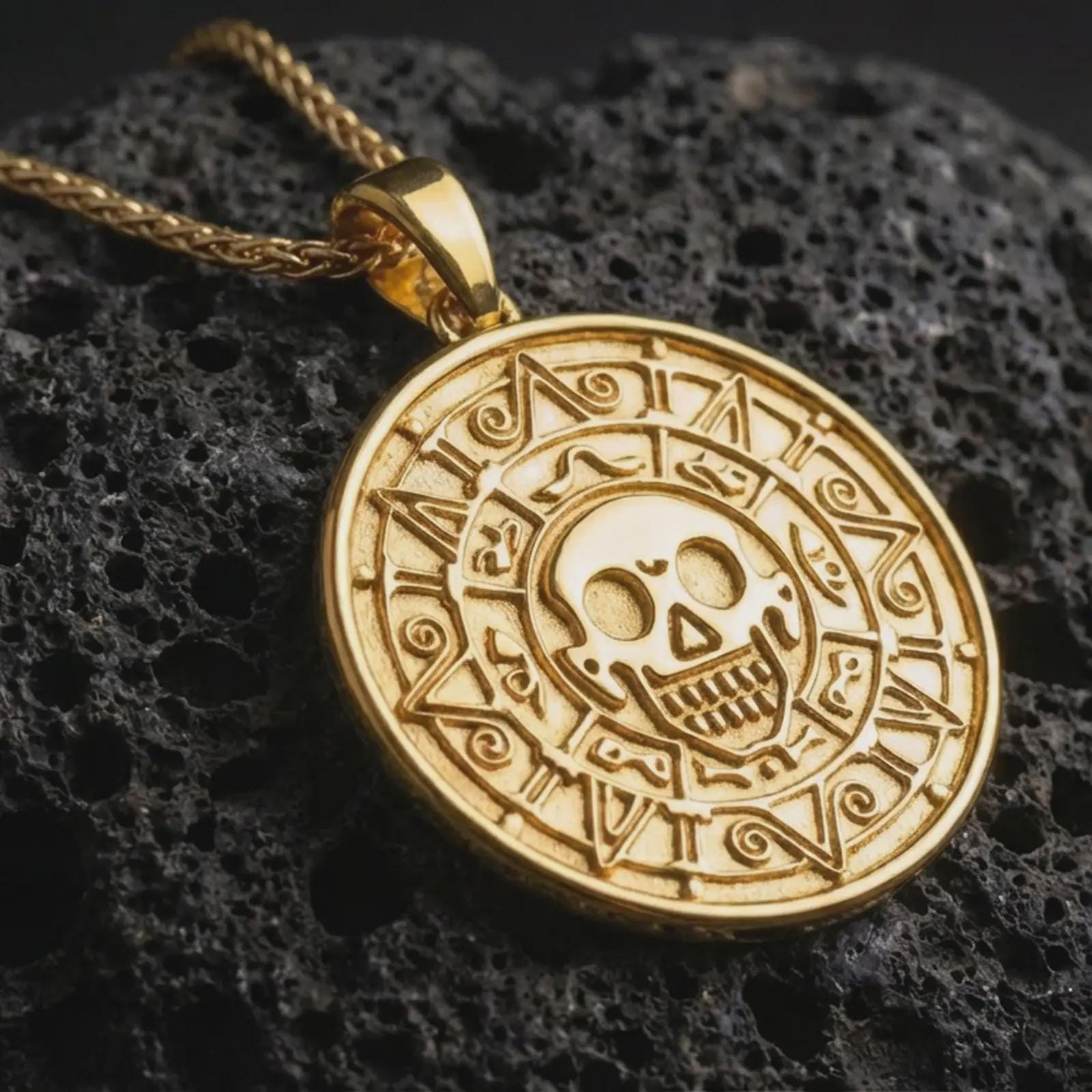 Gold plated cursed Aztec coin pendant necklace presented on porous volcanic stone, highlighting the detailed skull emblem and ancient coin-inspired relief in a premium close-up composition.