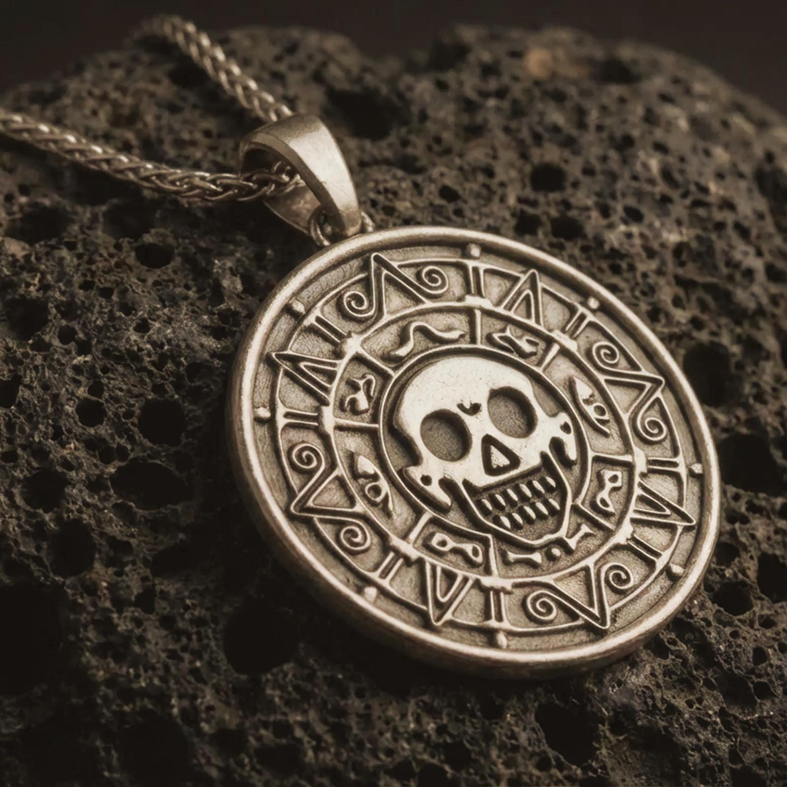 Bronze cursed Aztec coin pendant necklace with an oxidized finish resting on dark volcanic stone, captured in a close-up studio image with skull medallion and engraved tribal border details.