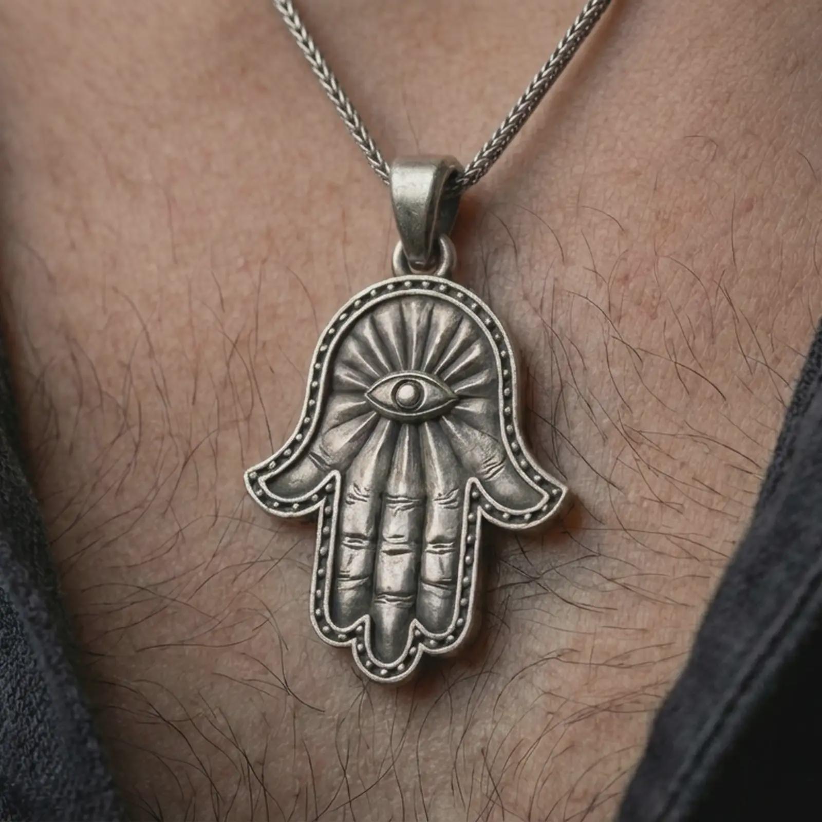 Oxidized Hamsa hand pendant necklace worn on the neck, styled in a dark lifestyle portrait with an open shirt and elegant presentation.