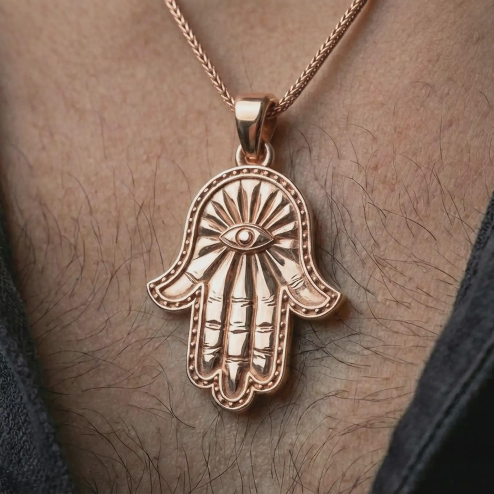 Rose gold plated Hamsa hand pendant necklace worn on the neck, presented in a close-up lifestyle shot with a refined symbolic aesthetic.