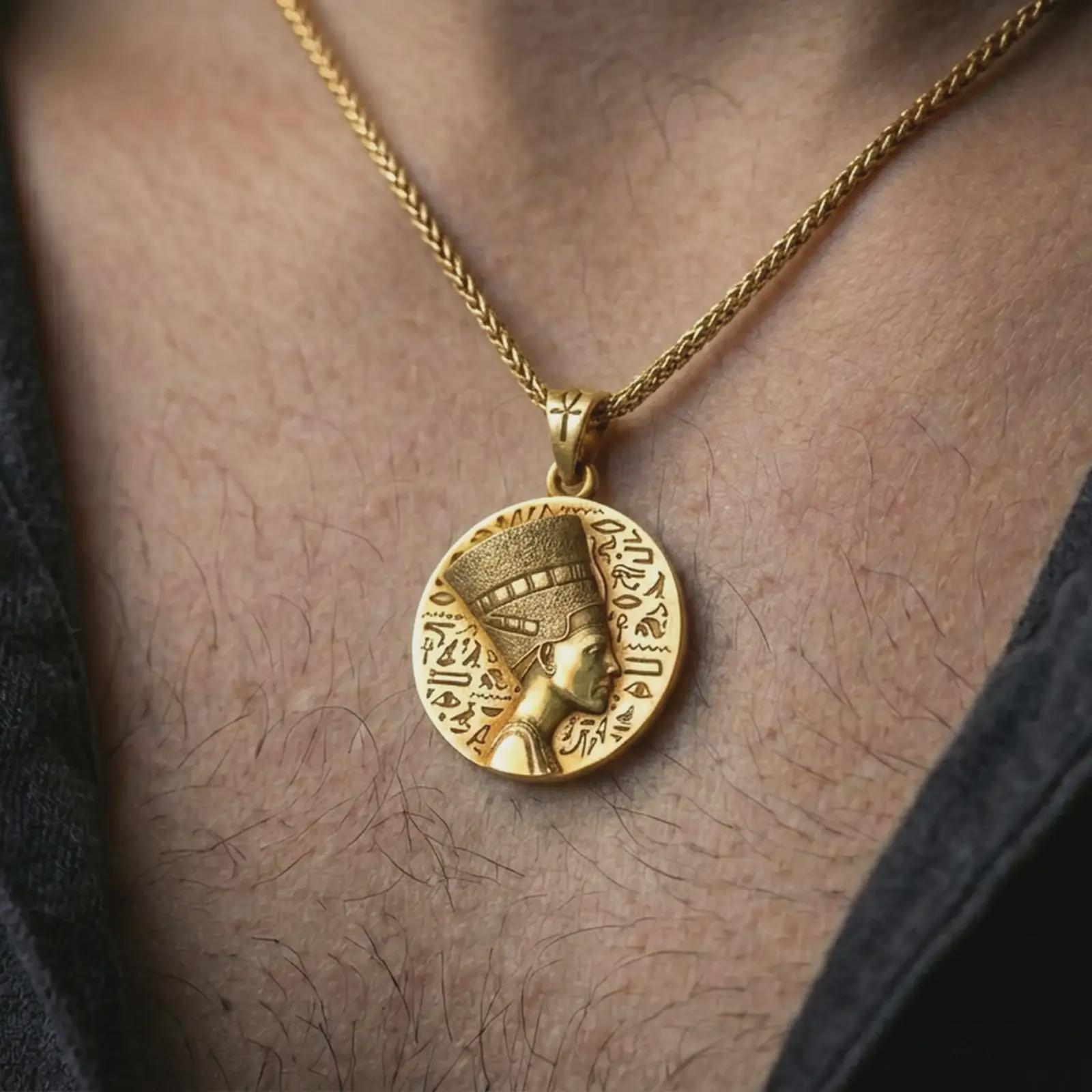 Gold plated Nefertiti medallion pendant necklace worn on the neck, captured on a human model in a premium dark-toned lifestyle frame.