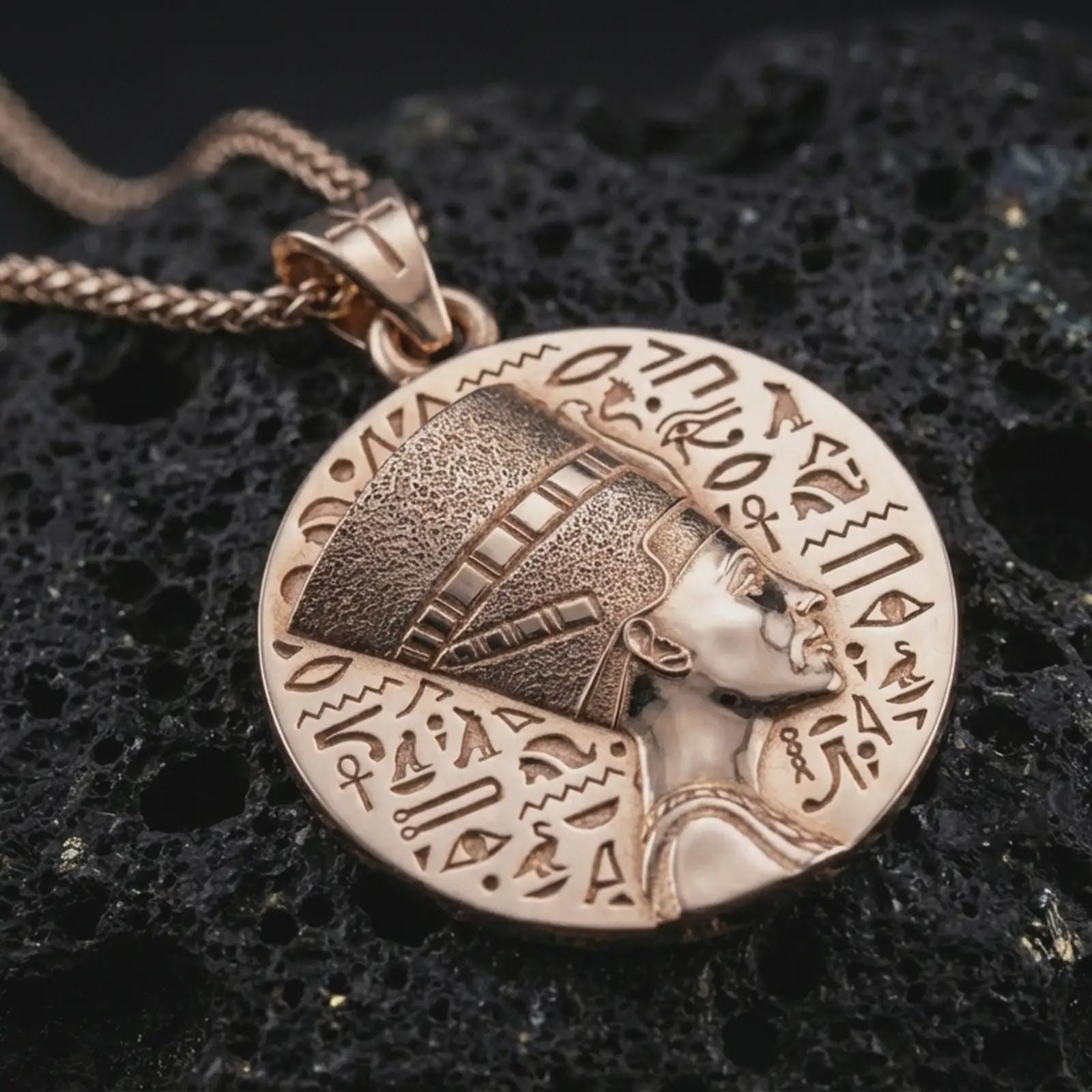 Rose gold plated Nefertiti medallion pendant necklace on dark volcanic rock, photographed in a detailed premium studio macro view.
