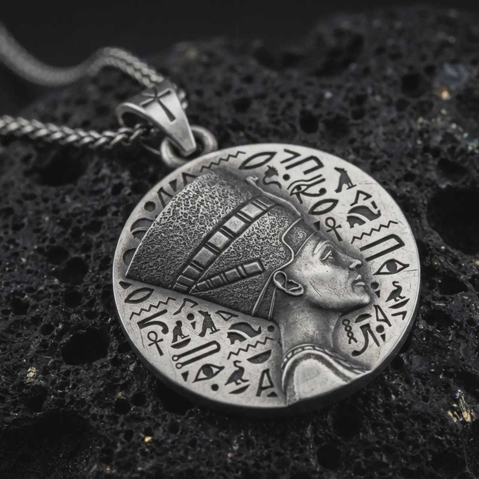 Sterling silver Nefertiti medallion pendant necklace with an oxidized finish resting on textured volcanic rock, captured in a close-up premium studio composition.