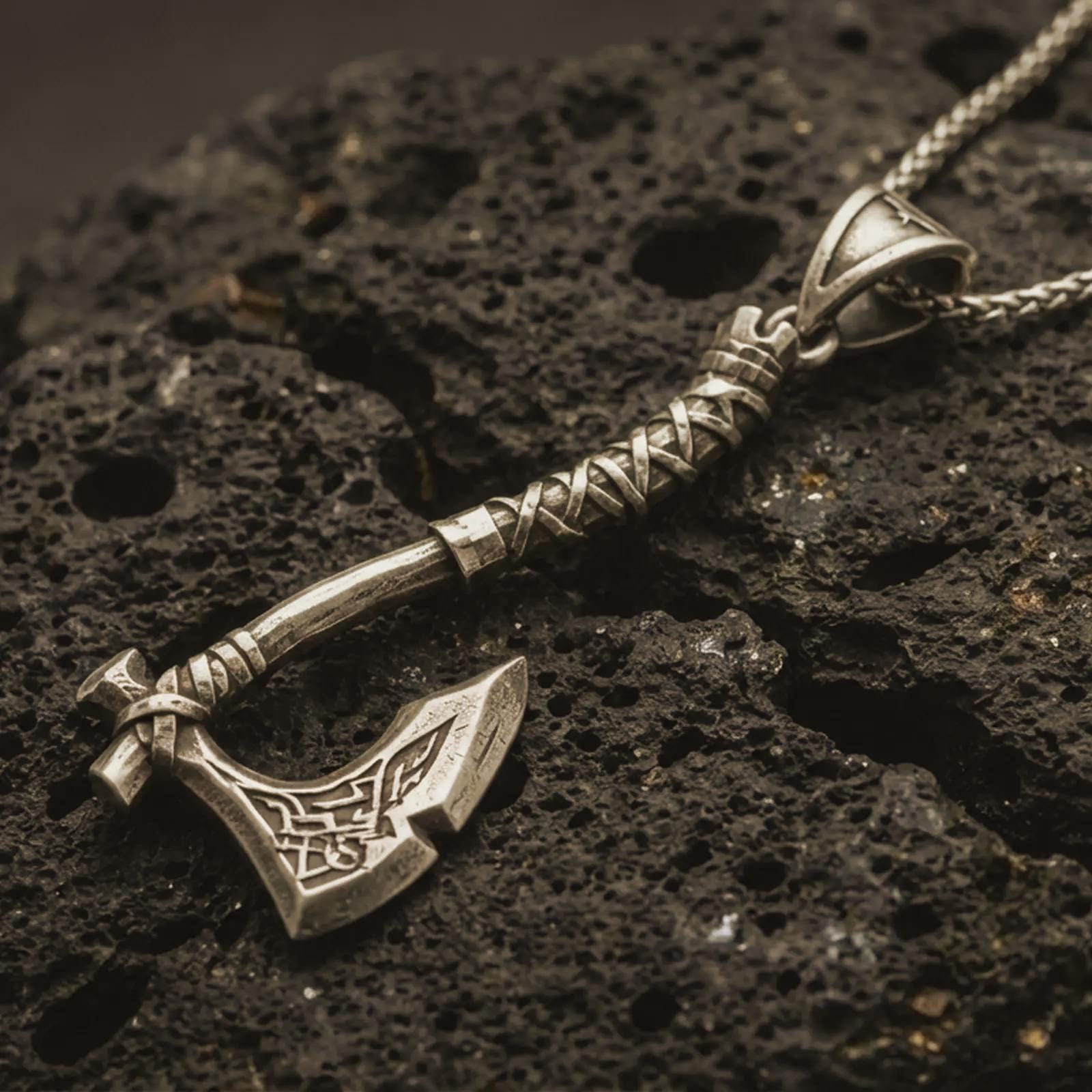 Bronze battle axe pendant necklace with an oxidized finish resting on textured volcanic rock, captured in a close-up premium studio composition.