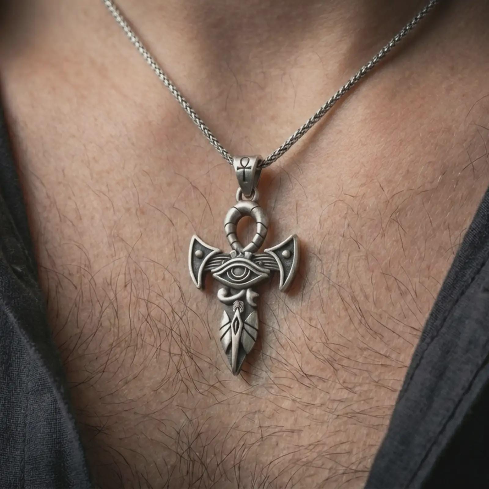 Oxidized Eye of Horus ankh pendant necklace worn on the neck, styled in a dark lifestyle portrait with an open shirt and symbolic presentation.