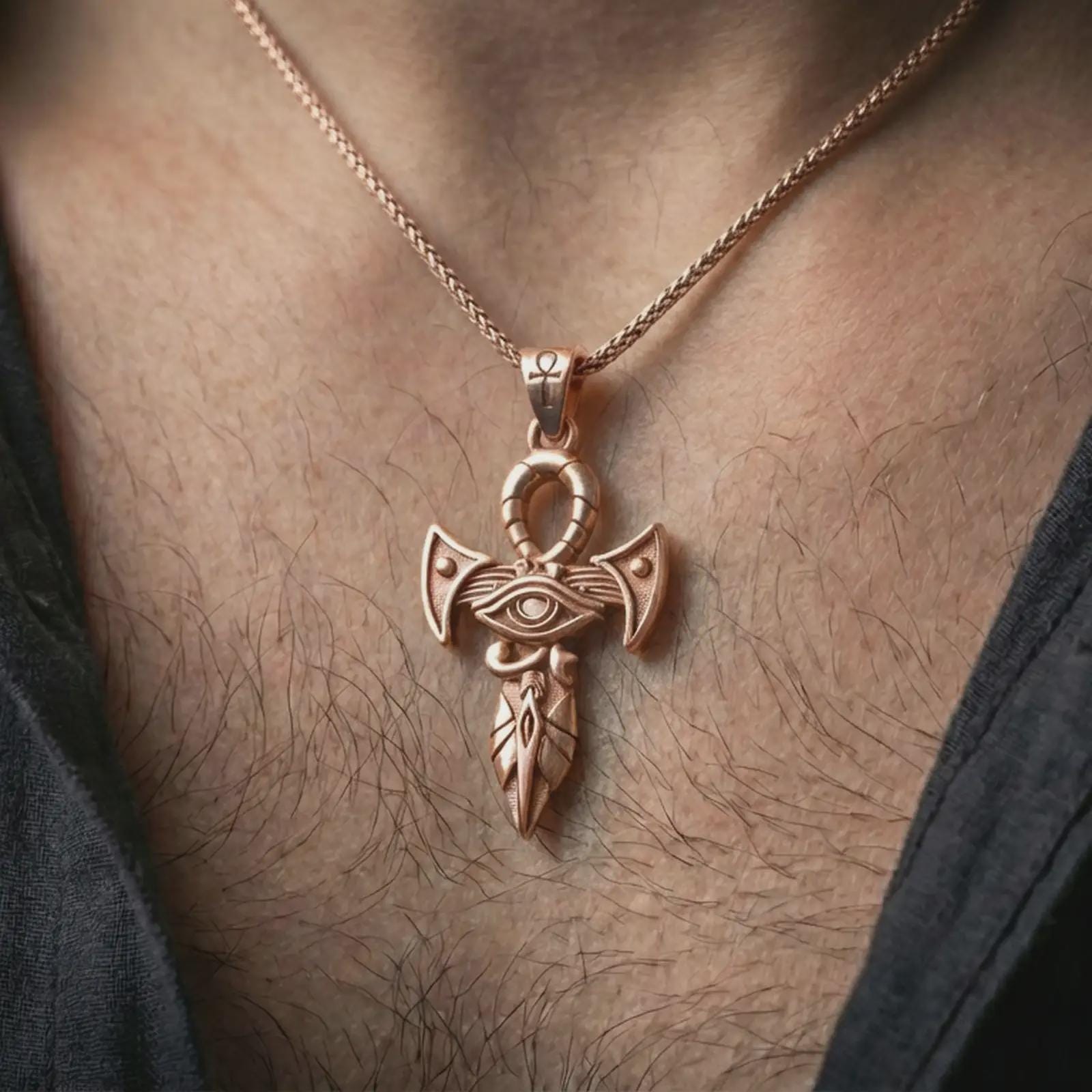 Rose gold plated Eye of Horus ankh pendant necklace worn on the neck, presented in a close-up lifestyle shot with a refined mystical aesthetic.