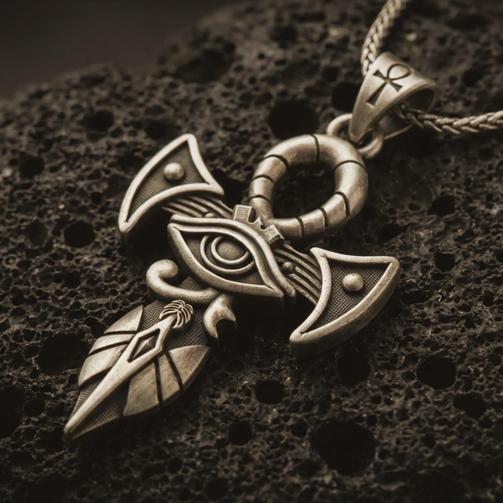 Bronze Eye of Horus ankh pendant necklace with an oxidized finish resting on textured volcanic rock, captured in a close-up premium studio composition.