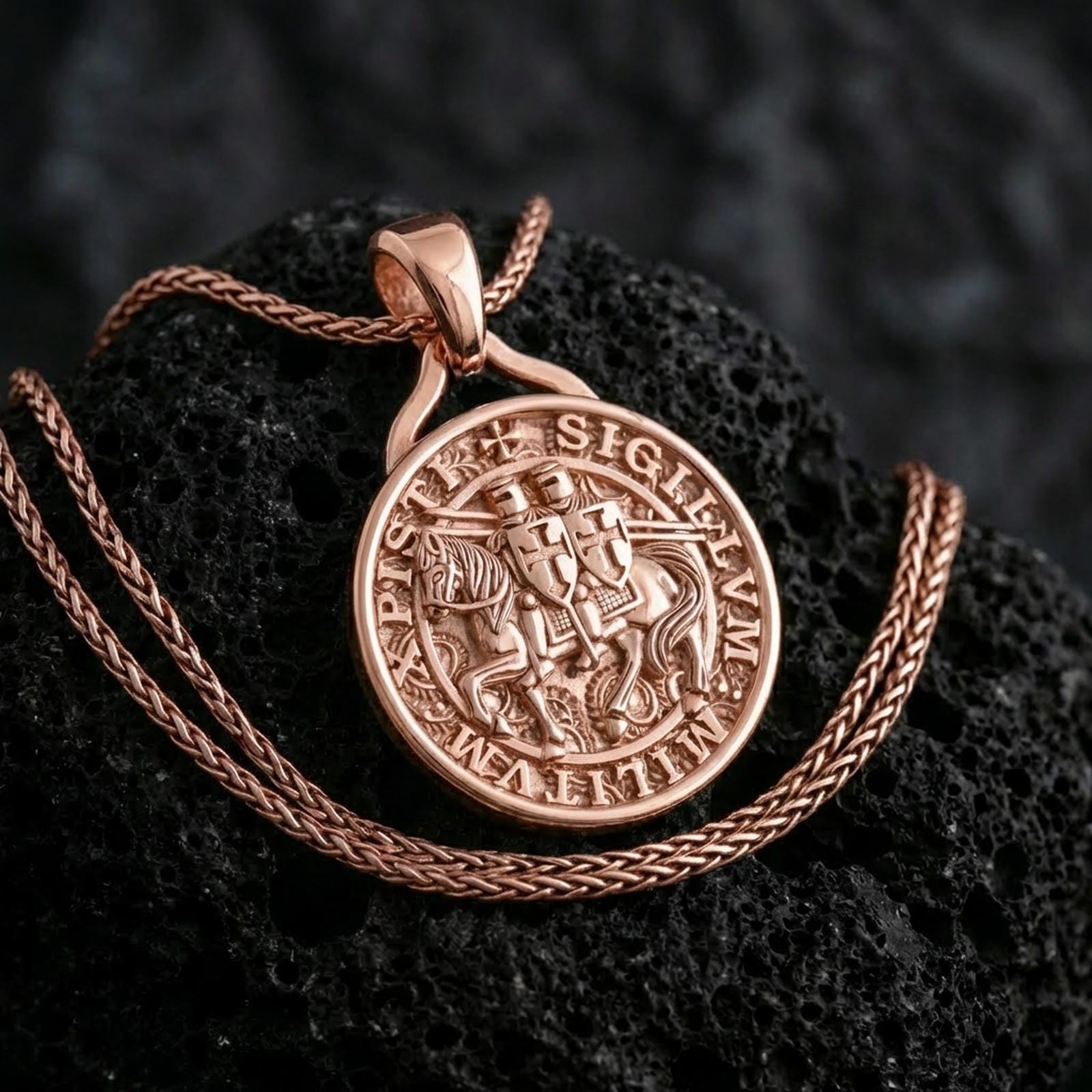 Rose gold plated Knights Templar seal pendant necklace on dark volcanic rock, photographed in a detailed premium studio macro view.