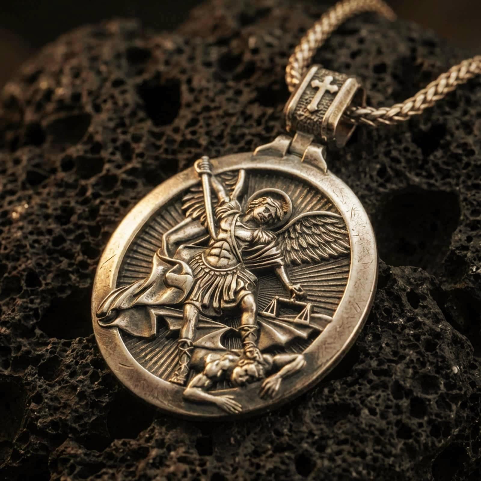 Bronze Saint Michael pendant necklace with an oxidized finish resting on textured volcanic rock, captured in a close-up premium studio composition.