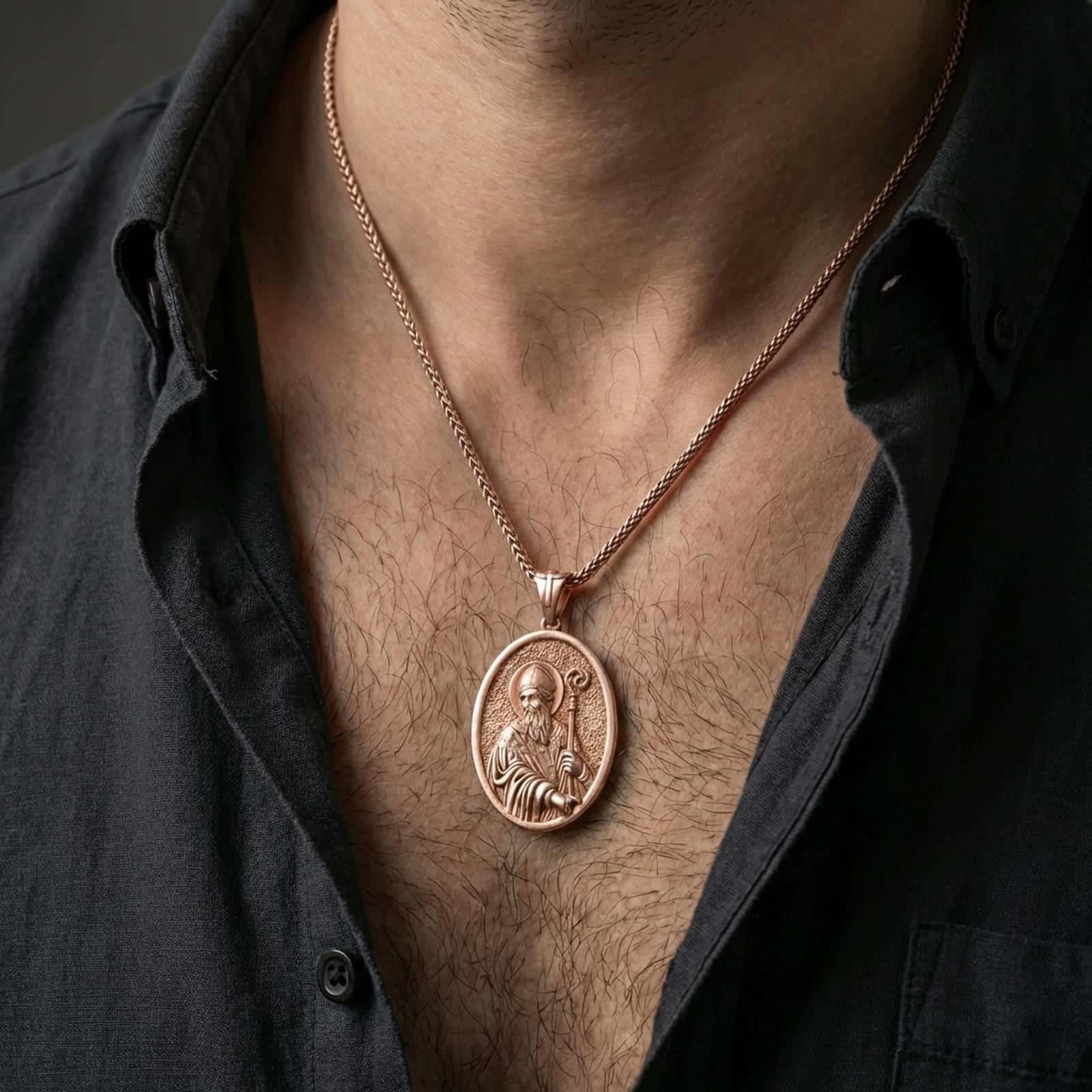 Rose gold plated Saint Patrick pendant necklace worn on the neck, presented in a close-up lifestyle shot with a refined masculine aesthetic.