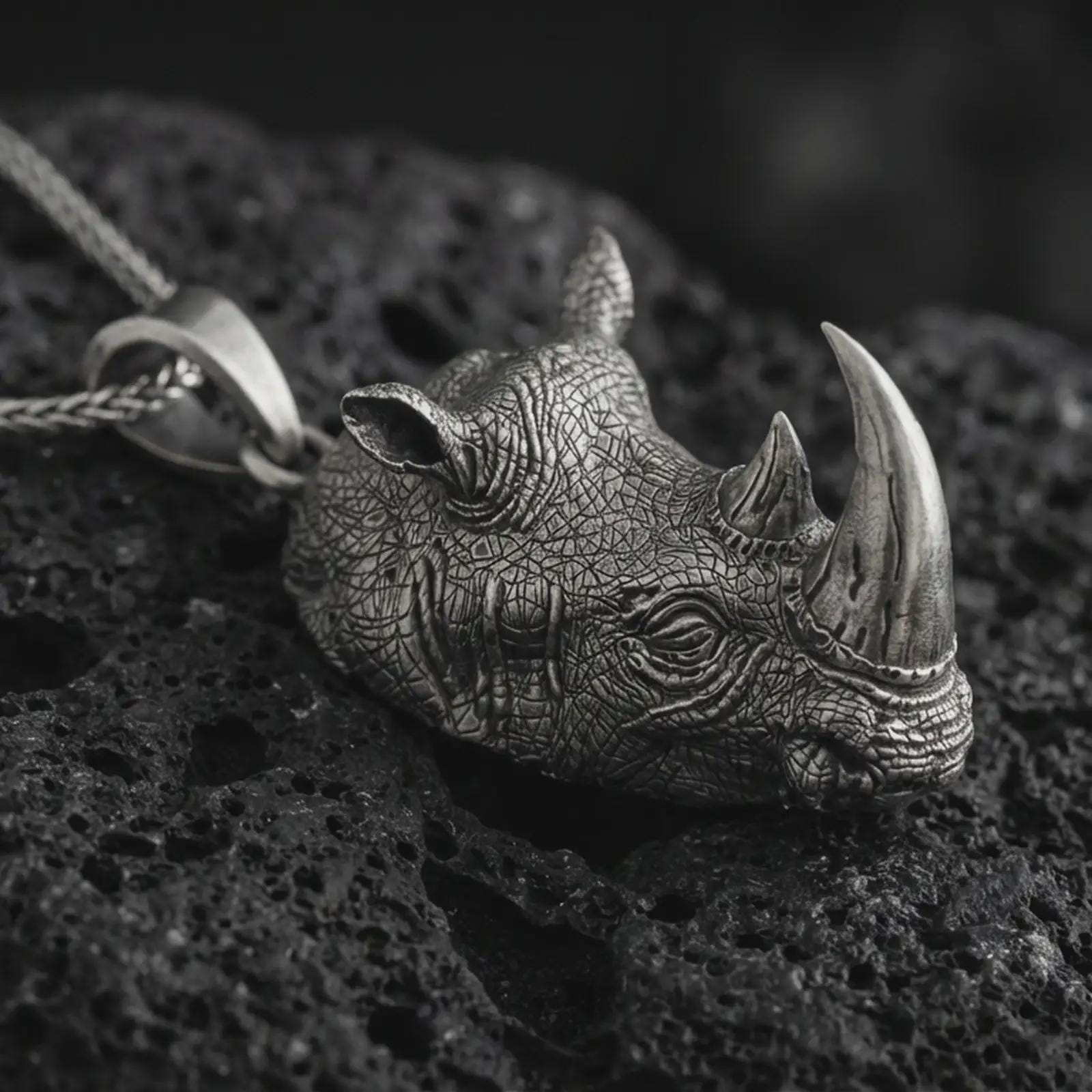 Sterling silver rhinoceros head pendant necklace with an oxidized finish resting on textured volcanic rock, captured in a close-up premium studio composition.