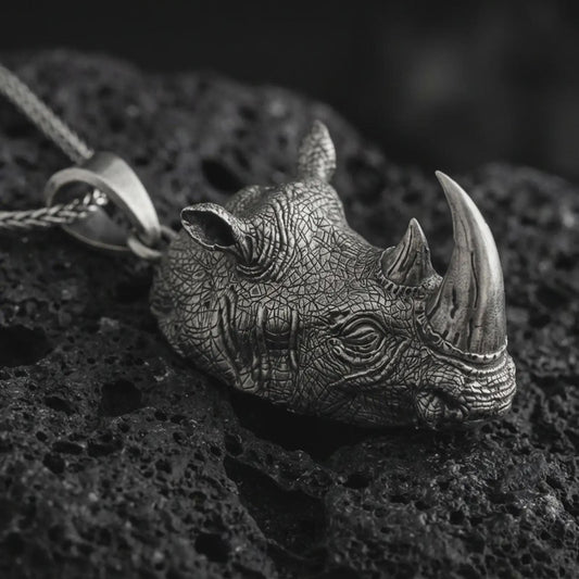 Sterling silver rhinoceros head pendant necklace with an oxidized finish resting on textured volcanic rock, captured in a close-up premium studio composition.