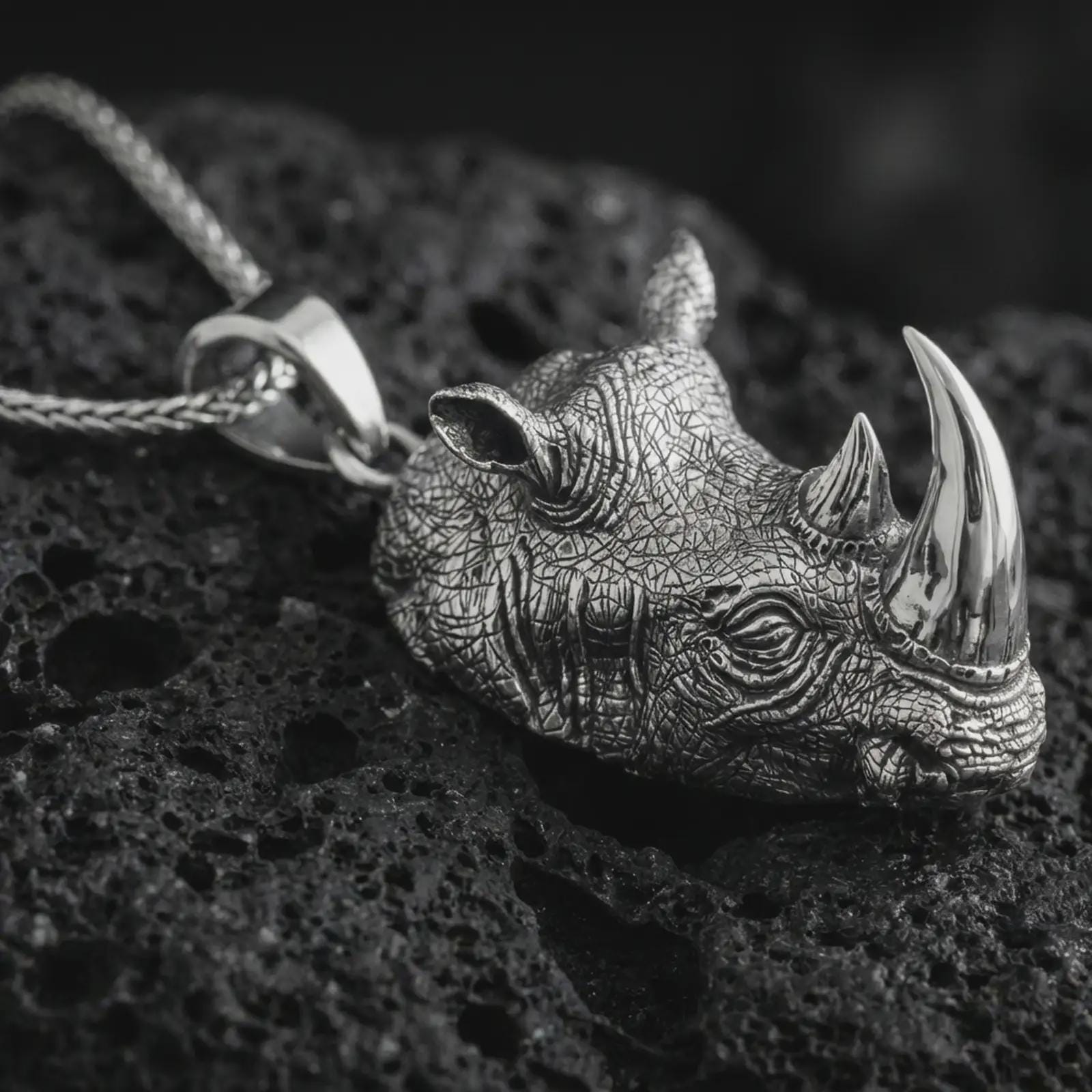 Polished silver rhinoceros head pendant necklace displayed on black volcanic rock, shown in a refined macro product shot with lifelike horn detail, textured skin relief, and bold wildlife sculpture design.