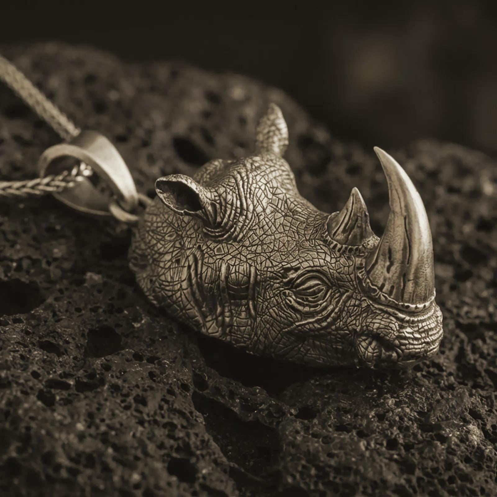 Bronze rhinoceros head pendant necklace with an oxidized finish resting on textured volcanic rock, captured in a close-up premium studio composition.