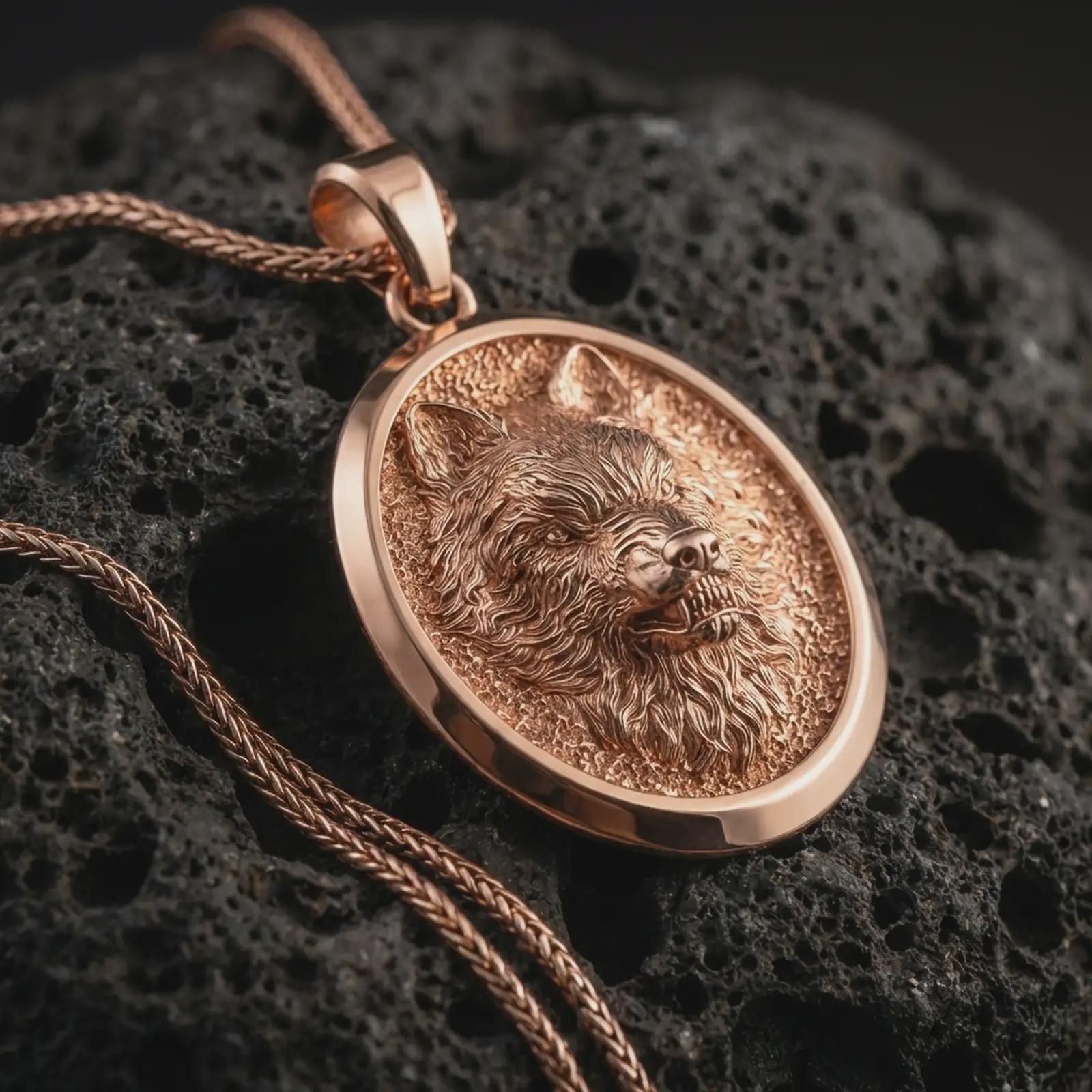 Rose gold plated snarling wolf pendant necklace on dark volcanic rock, photographed in a detailed premium studio macro view.