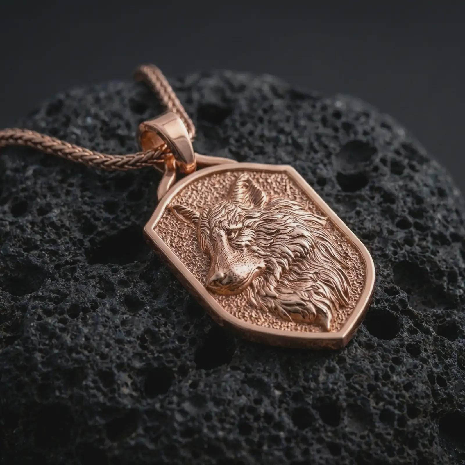 Rose gold plated wolf shield pendant necklace on dark volcanic rock, photographed in a detailed premium studio macro view.