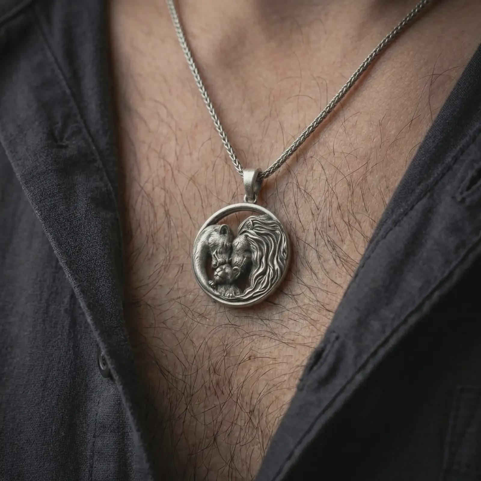 Oxidized lion and bear family pendant necklace worn on the neck, styled in a dark lifestyle portrait with an open shirt and meaningful presentation.