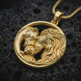 Load image into Gallery viewer, Gold plated lion and bear family pendant necklace presented on porous volcanic rock, highlighting the symbolic family bond design in a luxurious close-up jewelry image.
