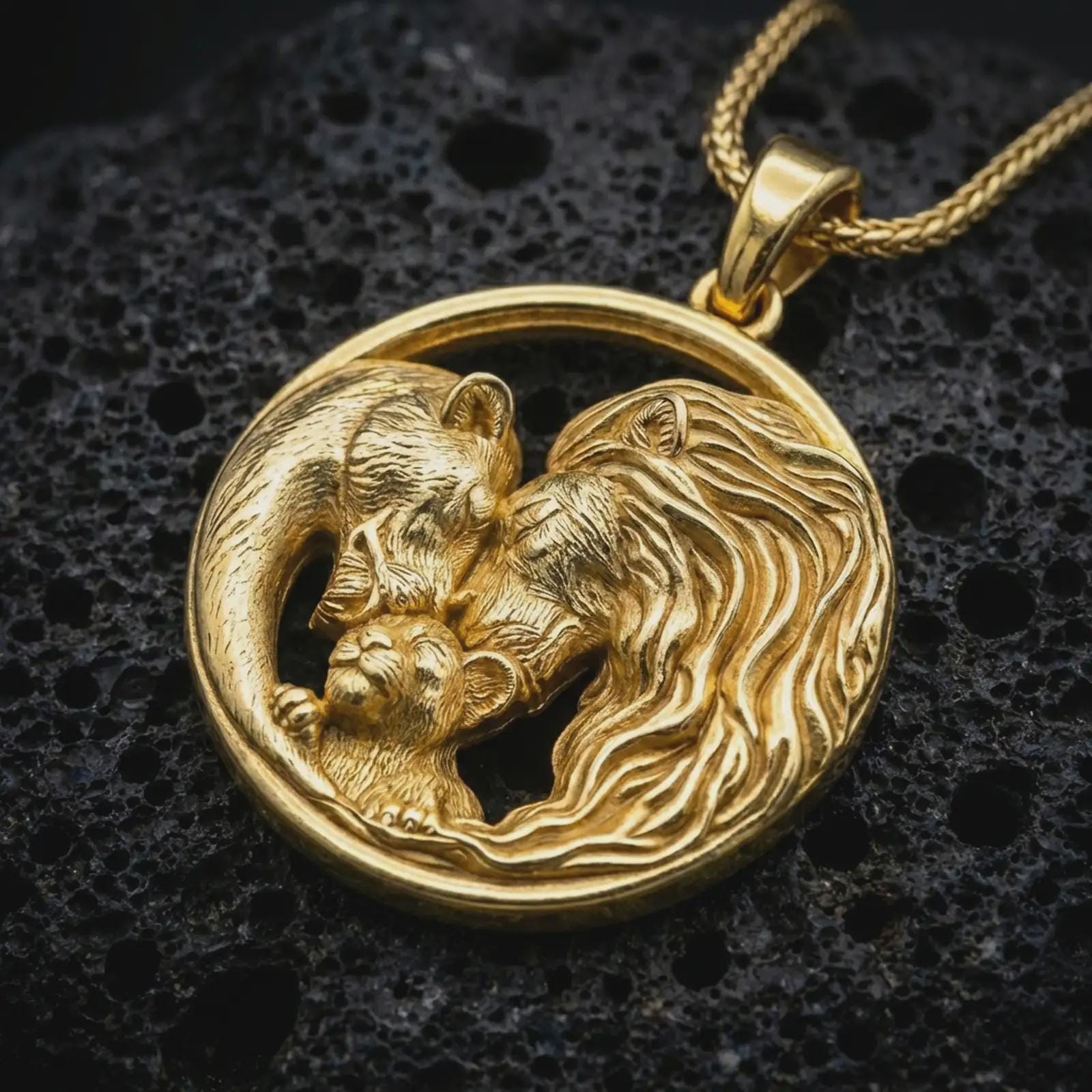 Gold plated lion and bear family pendant necklace presented on porous volcanic rock, highlighting the symbolic family bond design in a luxurious close-up jewelry image.