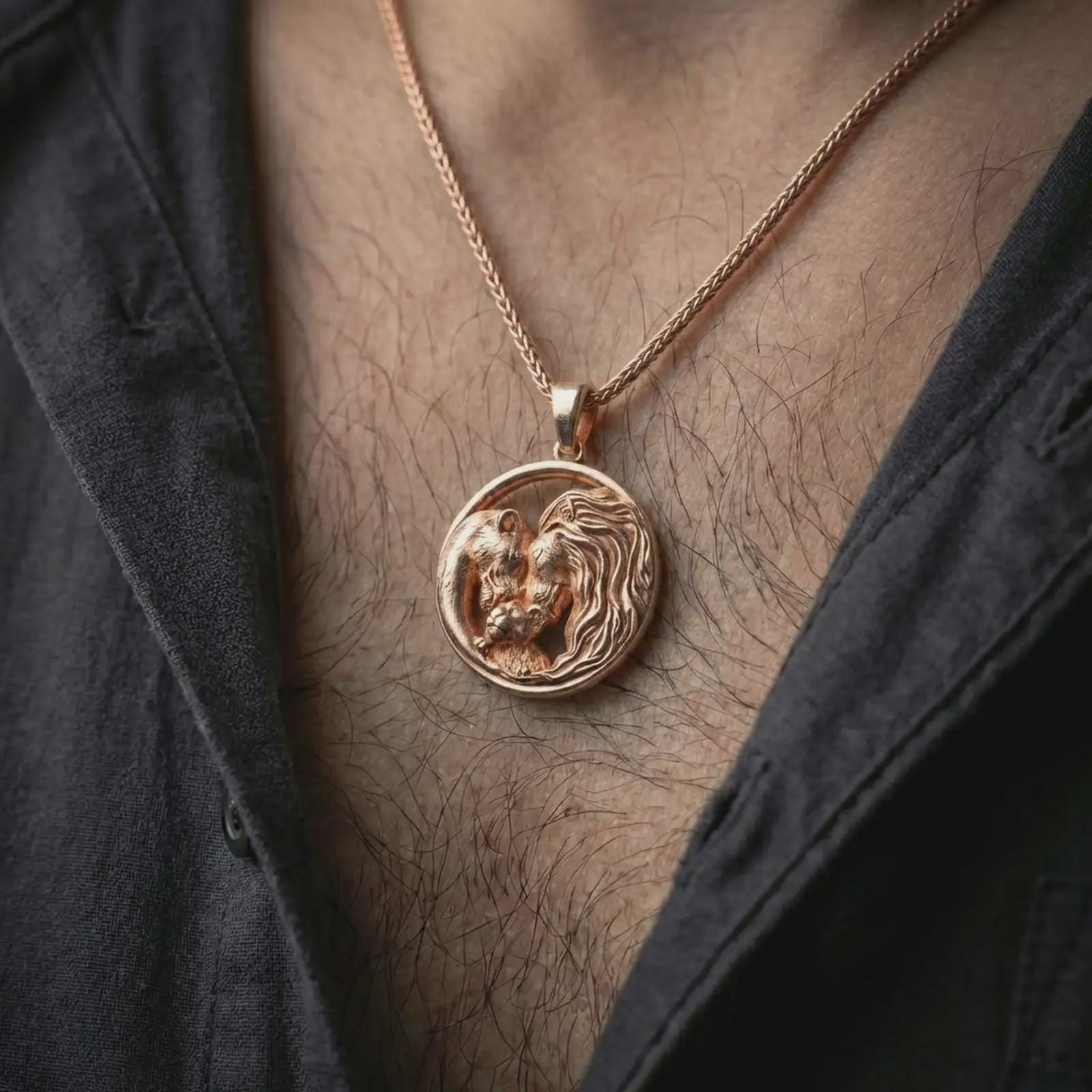 Rose gold plated lion and bear family pendant necklace worn on the neck, presented in a close-up lifestyle shot with a refined symbolic aesthetic.