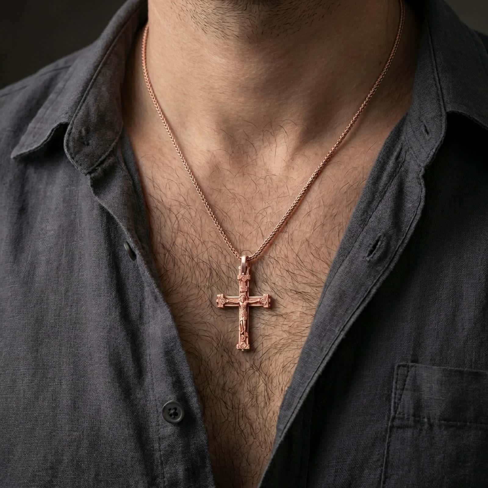 Rose gold plated Orthodox cross pendant necklace worn on the neck, presented in a close-up lifestyle shot with a refined masculine aesthetic.