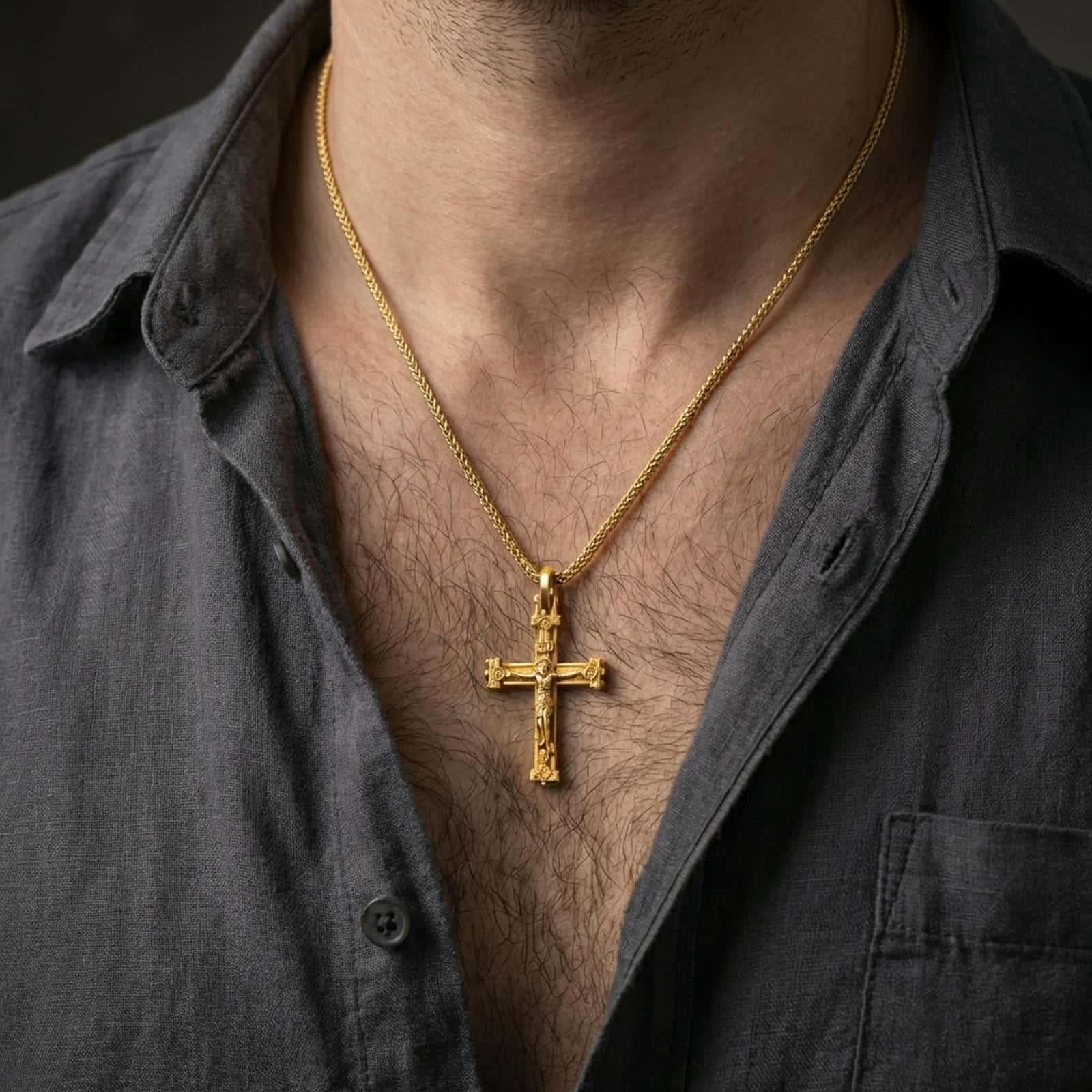 Gold plated Orthodox cross pendant necklace worn on the neck, captured on a human model in a premium dark-toned lifestyle frame.