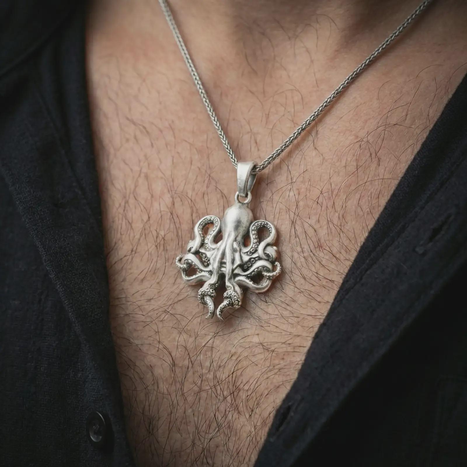 Polished silver octopus pendant necklace worn on the neck, shown against the chest in a clean and striking everyday wear composition.
