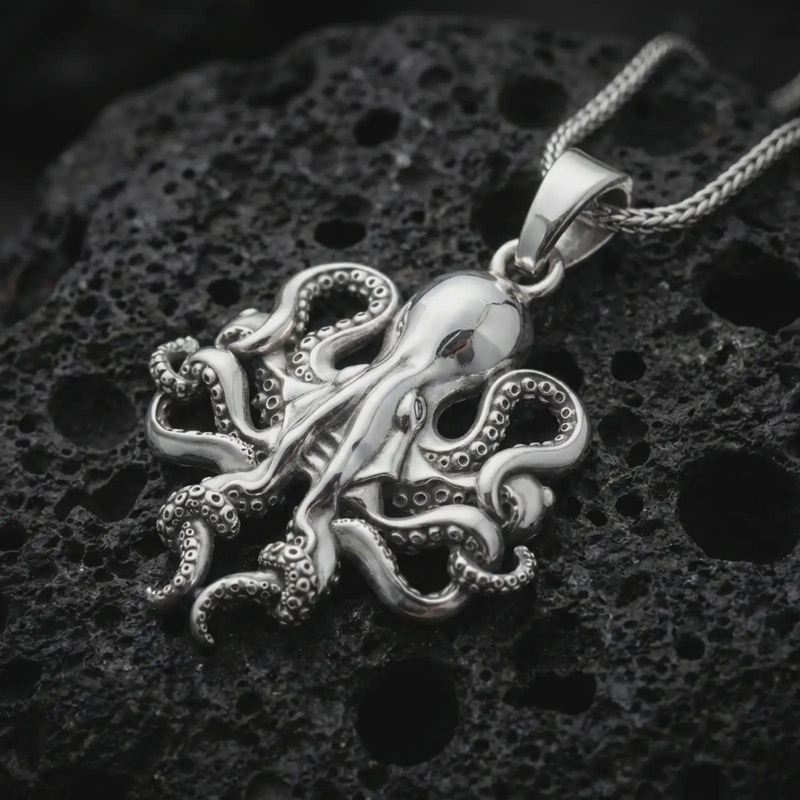 Polished silver octopus pendant necklace displayed on black volcanic rock, shown in a refined macro product shot with curled tentacles, suction cup details, and sculptural nautical relief.