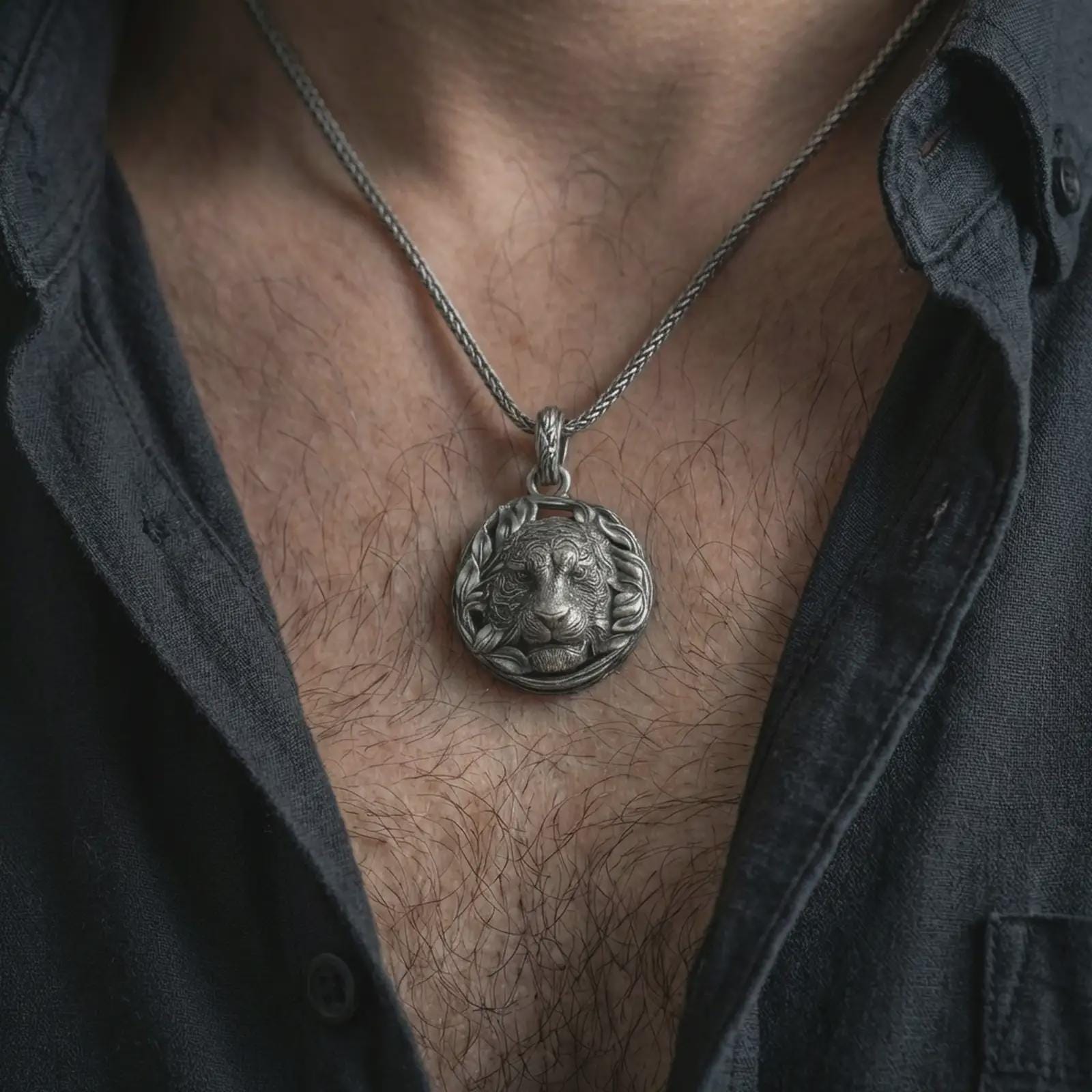 A tiger pendant worn on the neck in an oxidized finish, bold animal spirit styling with strong contrast and depth.