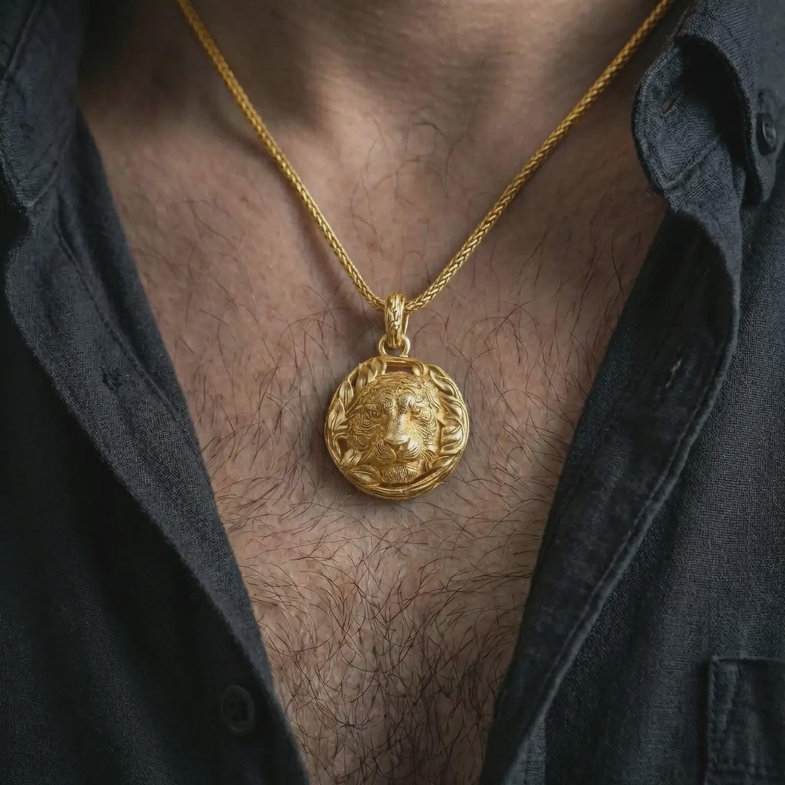 A gold plated tiger pendant worn on the neck, statement piece with luminous highlights on the tiger face and frame.