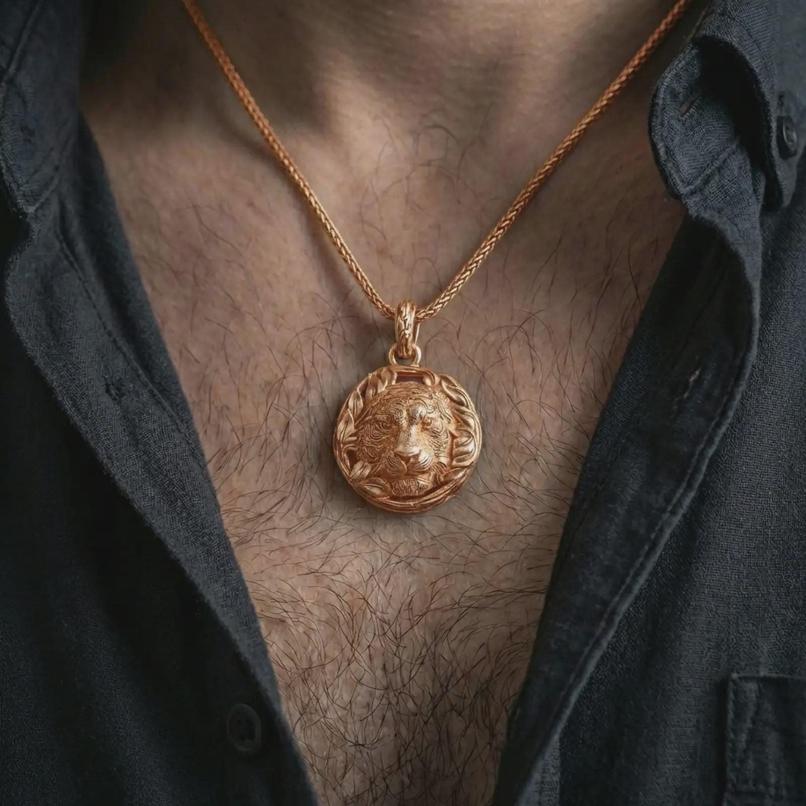 A rose gold plated tiger pendant worn on the neck, warm metallic tone enhancing the leaf wreath and tiger features.