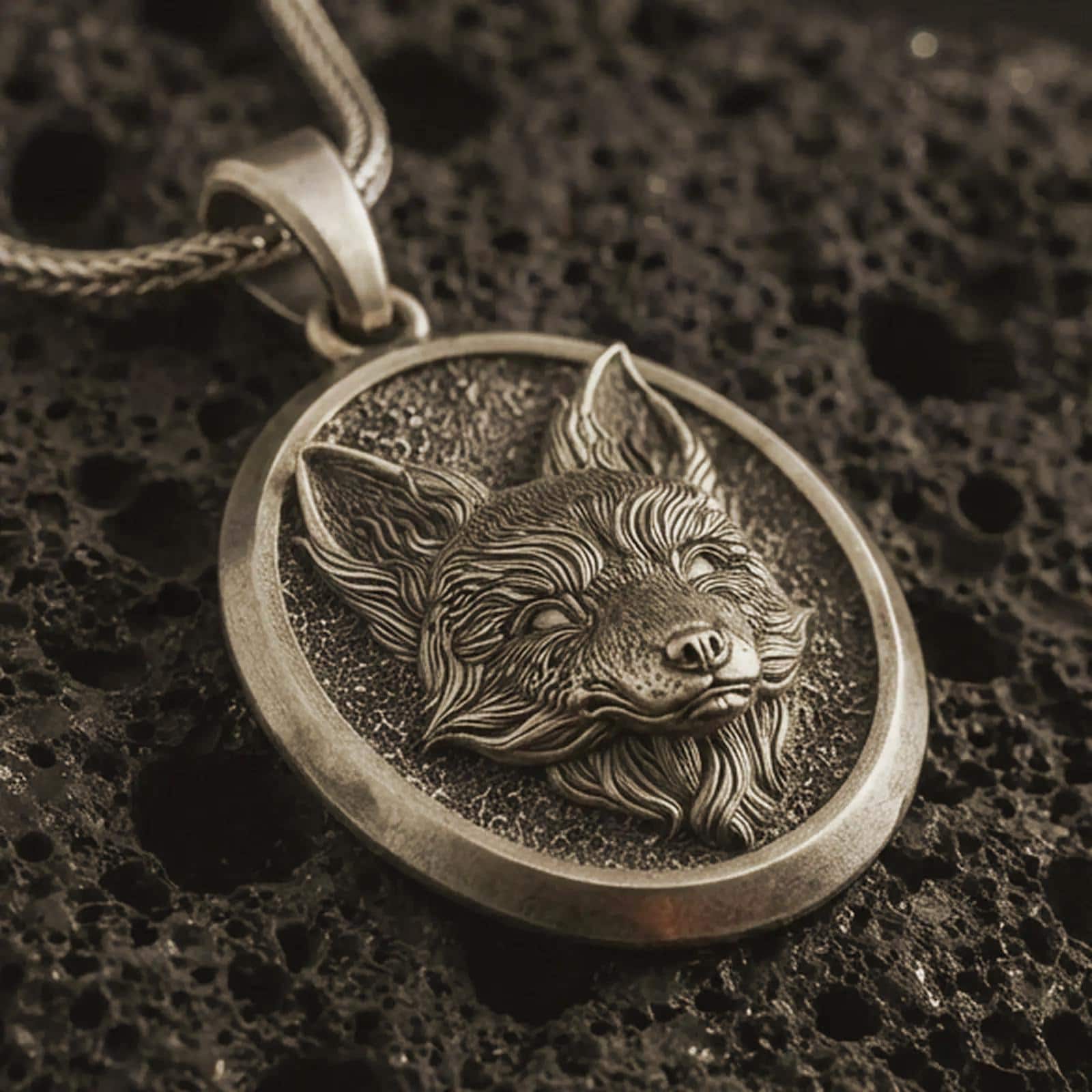 Bronze fox medallion pendant necklace with an oxidized finish resting on textured volcanic rock, captured in a close-up premium studio composition.