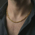 Load image into Gallery viewer, Gold plated DNA helix chain necklace worn on the neck, captured on a human model in a premium dark-toned lifestyle frame.
