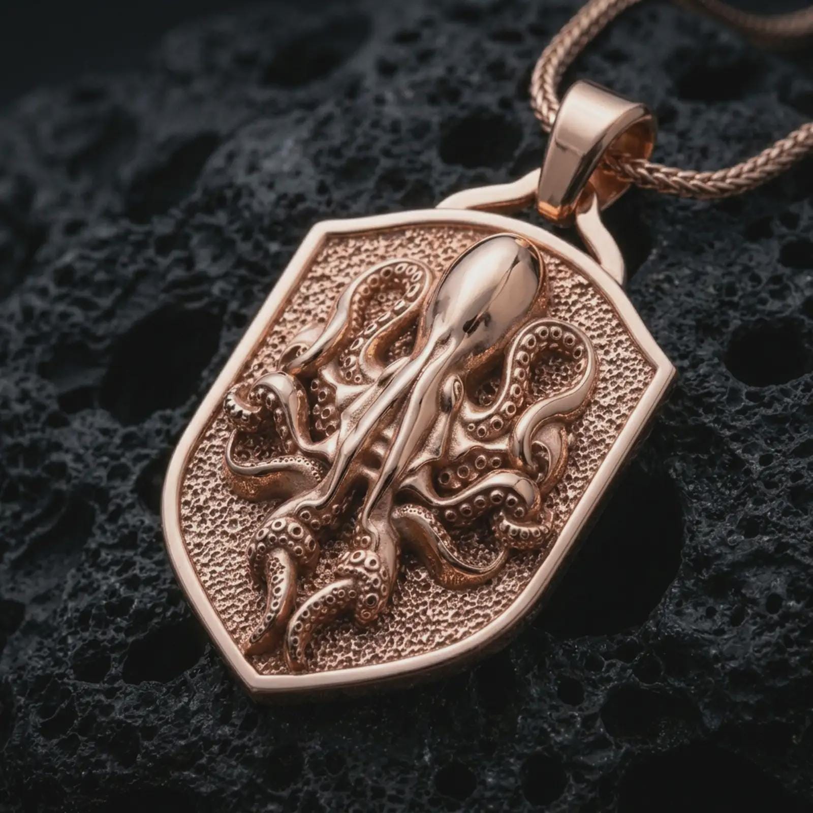Rose gold plated kraken octopus shield pendant necklace on dark volcanic rock, photographed in a detailed premium studio macro view.