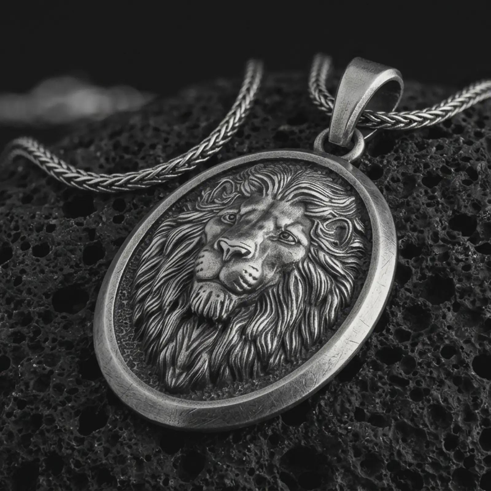 Sterling silver lion medallion pendant necklace with an oxidized finish resting on textured volcanic rock, captured in a close-up premium studio composition.