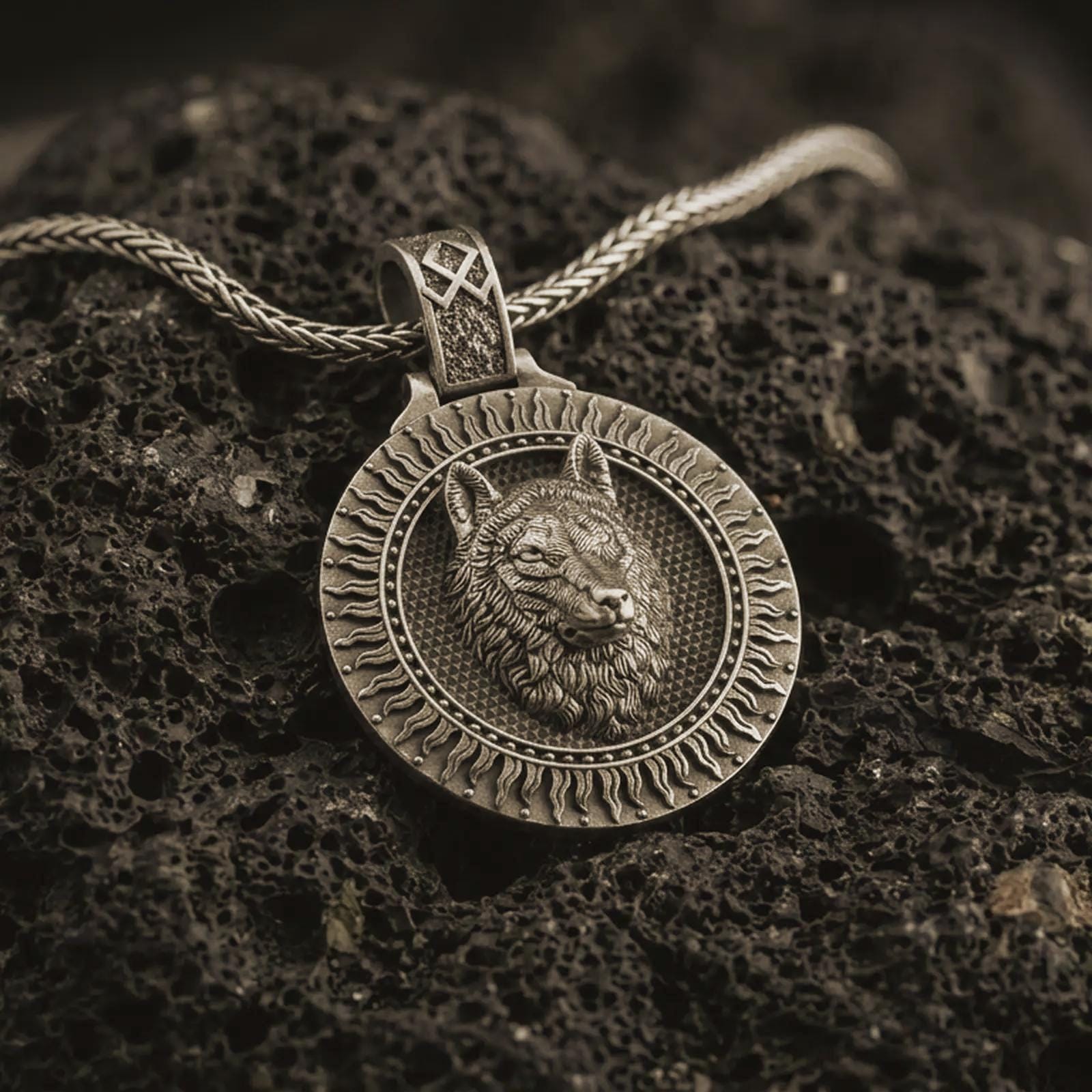 Bronze Fenrir wolf pendant necklace with an oxidized finish resting on textured volcanic rock, captured in a close-up premium studio composition.
