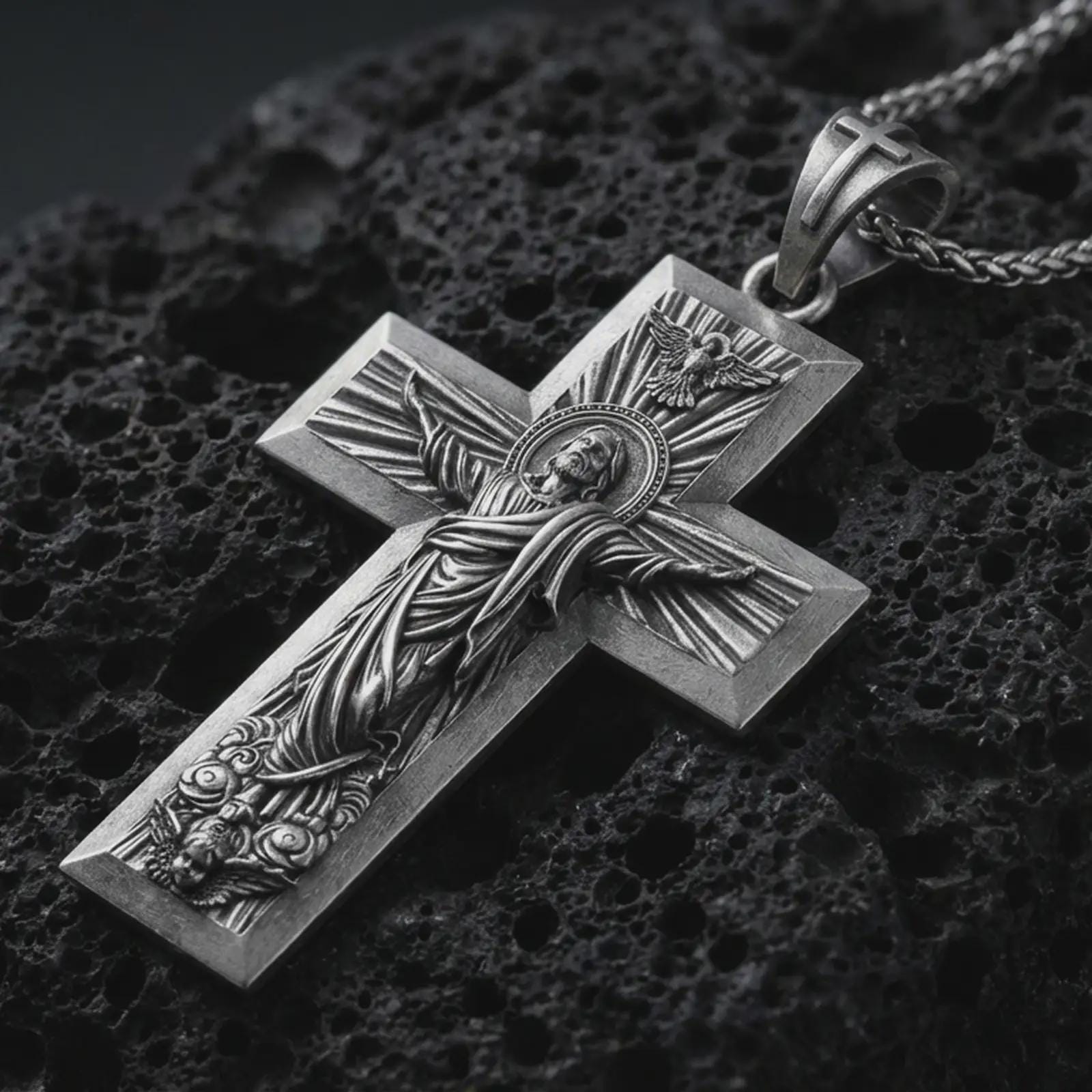 Sterling silver Jesus Ascension cross pendant necklace with an oxidized finish resting on textured volcanic rock, captured in a close-up premium studio composition.