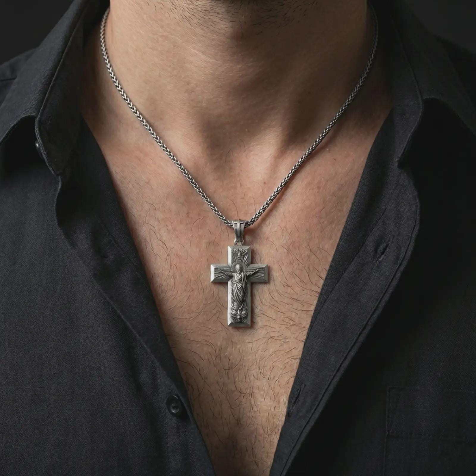 Oxidized Jesus Ascension cross pendant necklace worn on the neck, styled in a dark lifestyle portrait with an open shirt and masculine presentation.