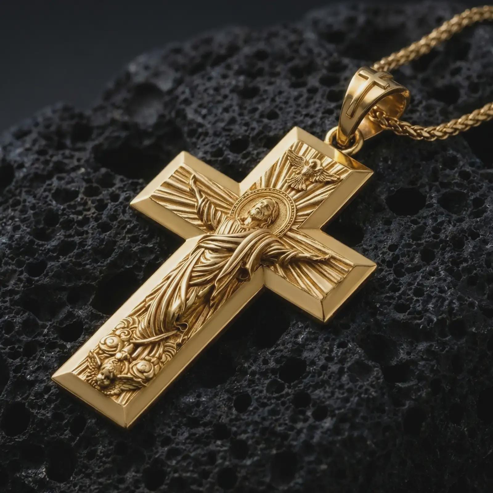 Gold plated Jesus Ascension cross pendant necklace presented on porous volcanic rock, highlighting the devotional cross form in a luxurious close-up jewelry image.