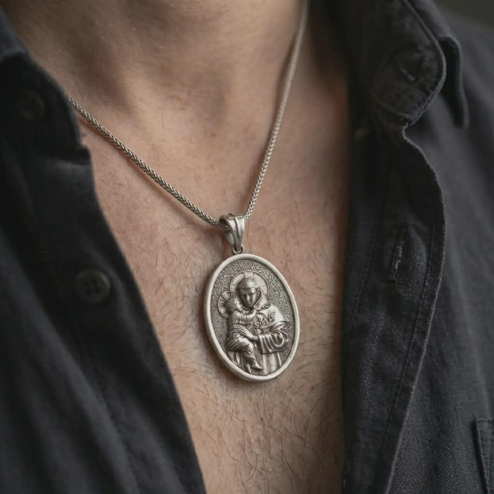 Oxidized Saint Anthony pendant necklace worn on the neck, styled in a dark lifestyle portrait with an open shirt and masculine presentation.