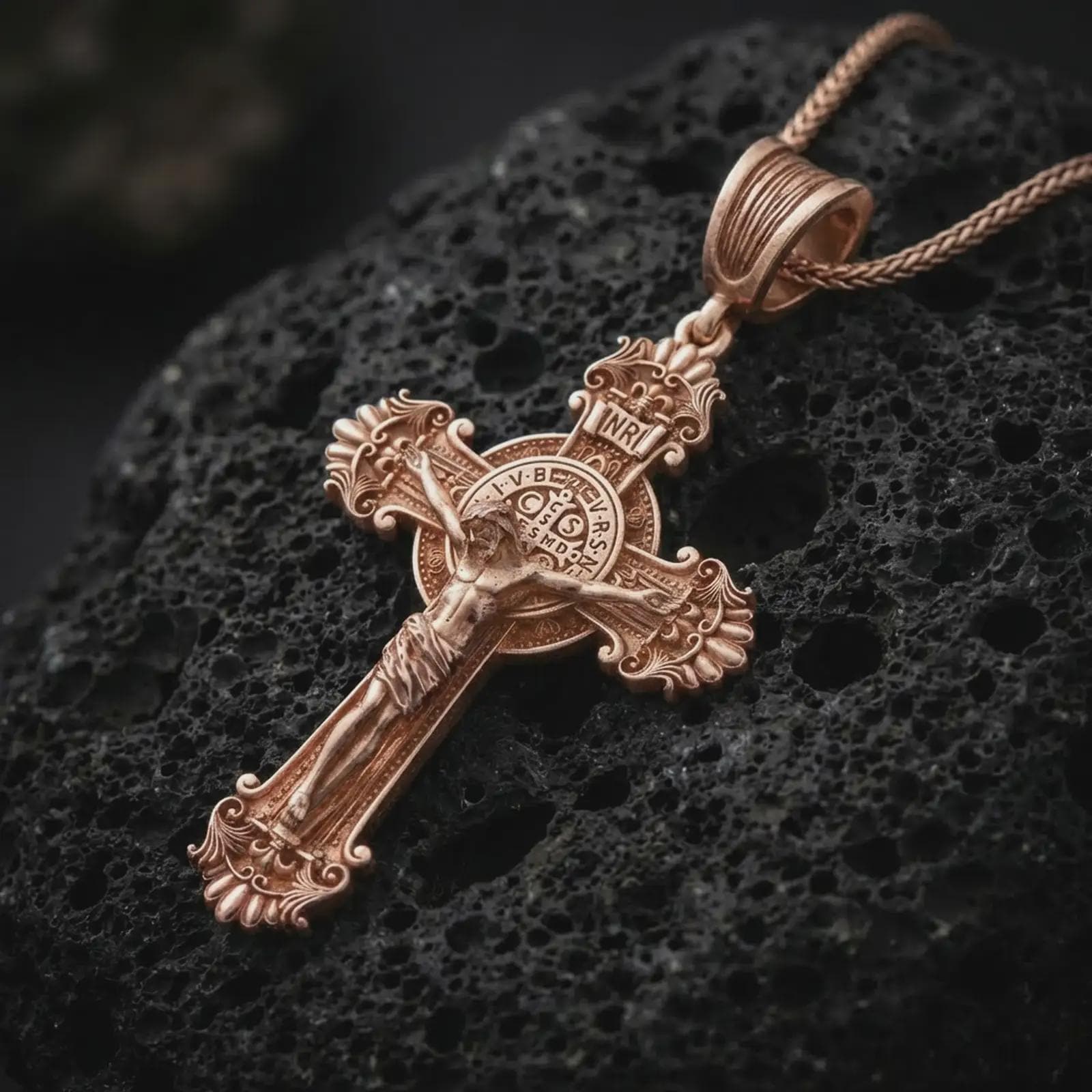Rose gold plated Saint Benedict crucifix necklace on dark volcanic rock, photographed in a detailed premium studio macro view.