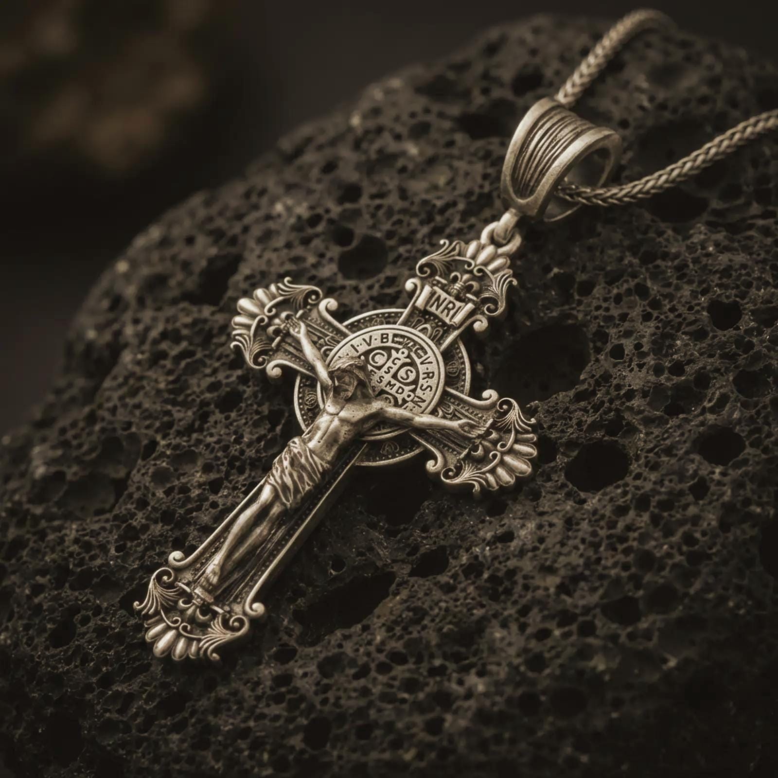 Bronze Saint Benedict crucifix necklace with an oxidized finish resting on textured volcanic rock, captured in a close-up premium studio composition.